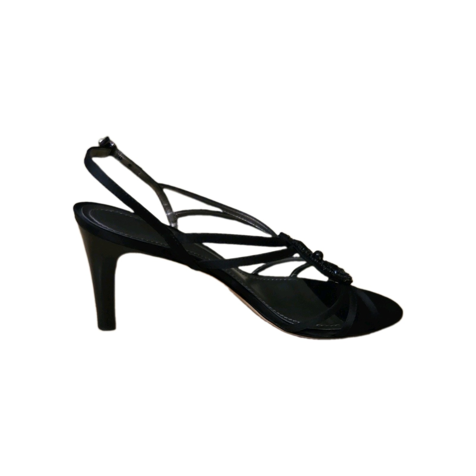 Ann Taylor Black Strappy Beaded Sequin Slingback Heels Buckle Open Toe 9M