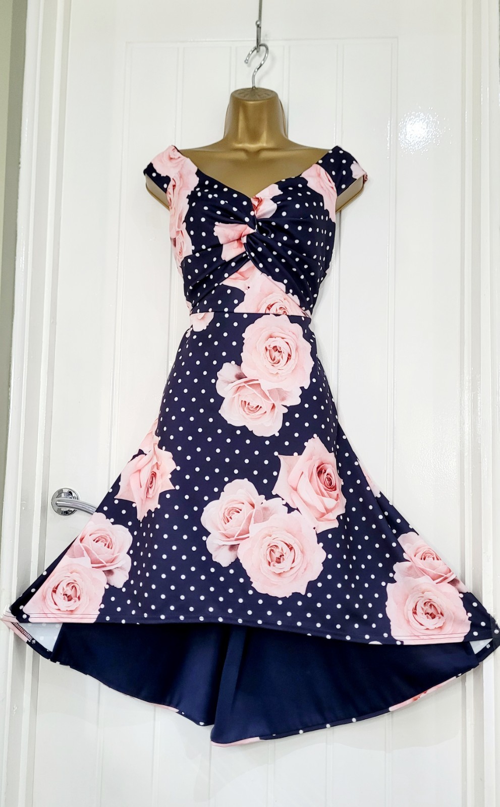 Quiz size 14 Navy pink floral stretch dipped hem polka dot summer dress NEW