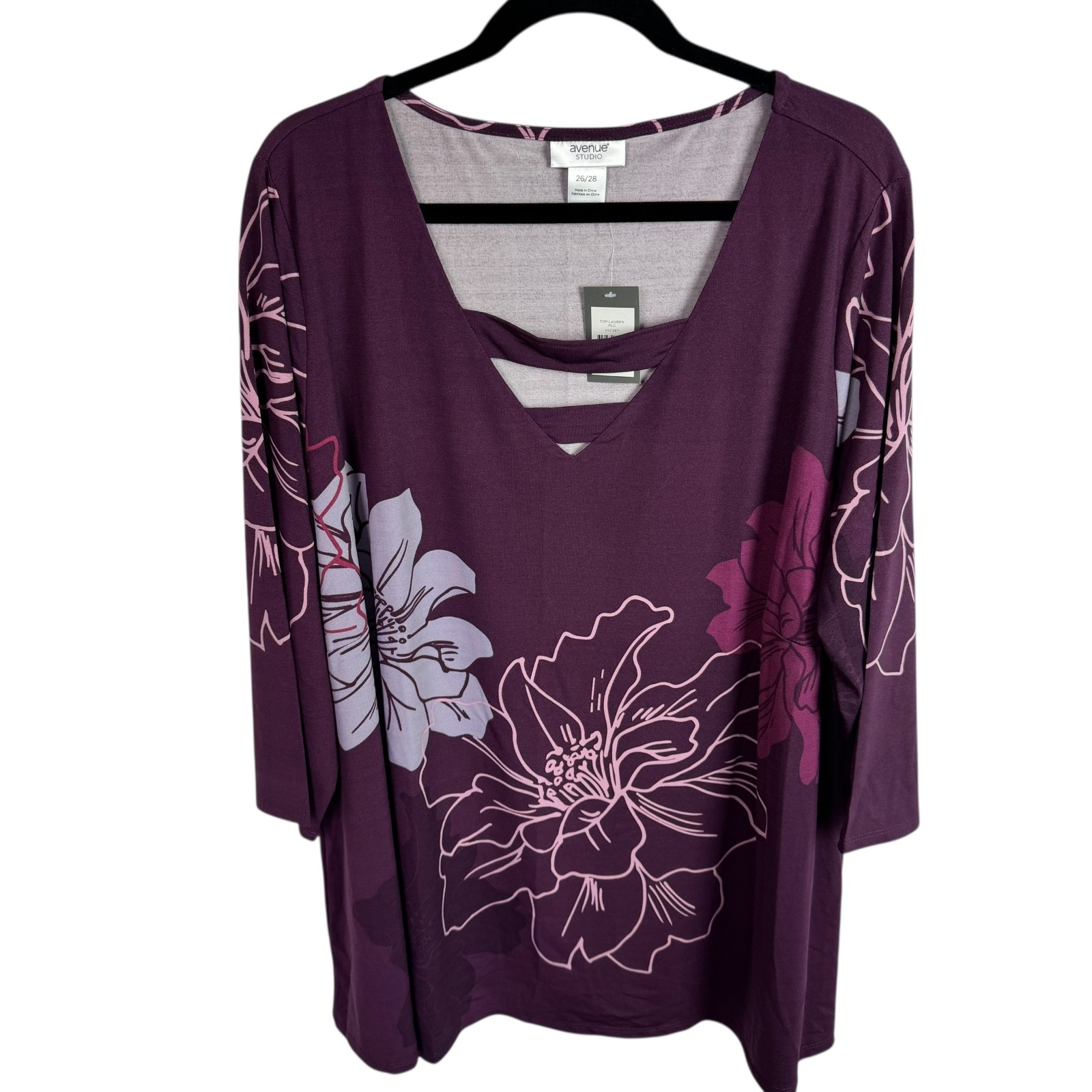 Avenue Women’s Top Blouse Size 26/28 Plum Purple Floral Print 3X Sleeves NEW
