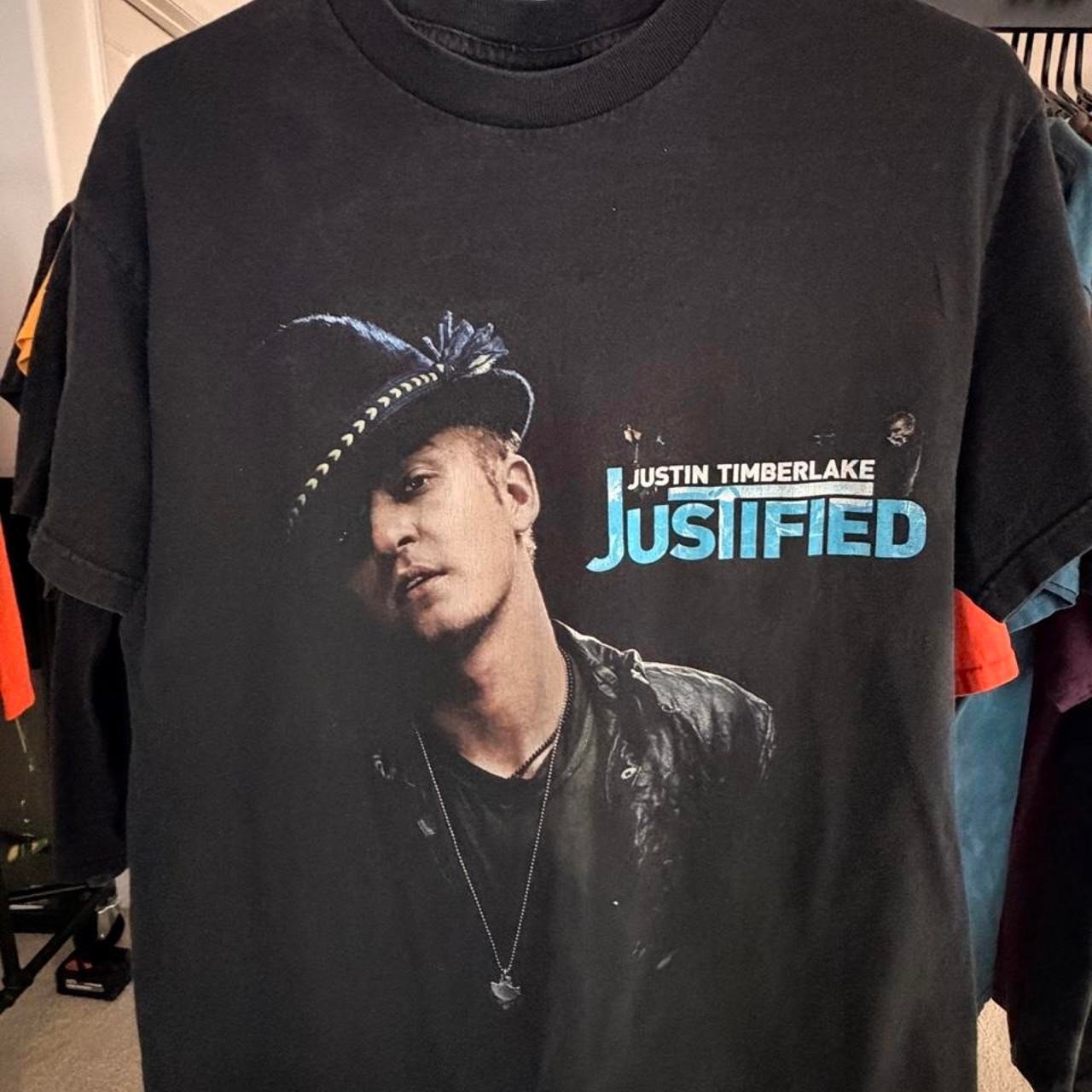ustin Timberlake Justified Tour 2003 black t-shirt with graphic, size M