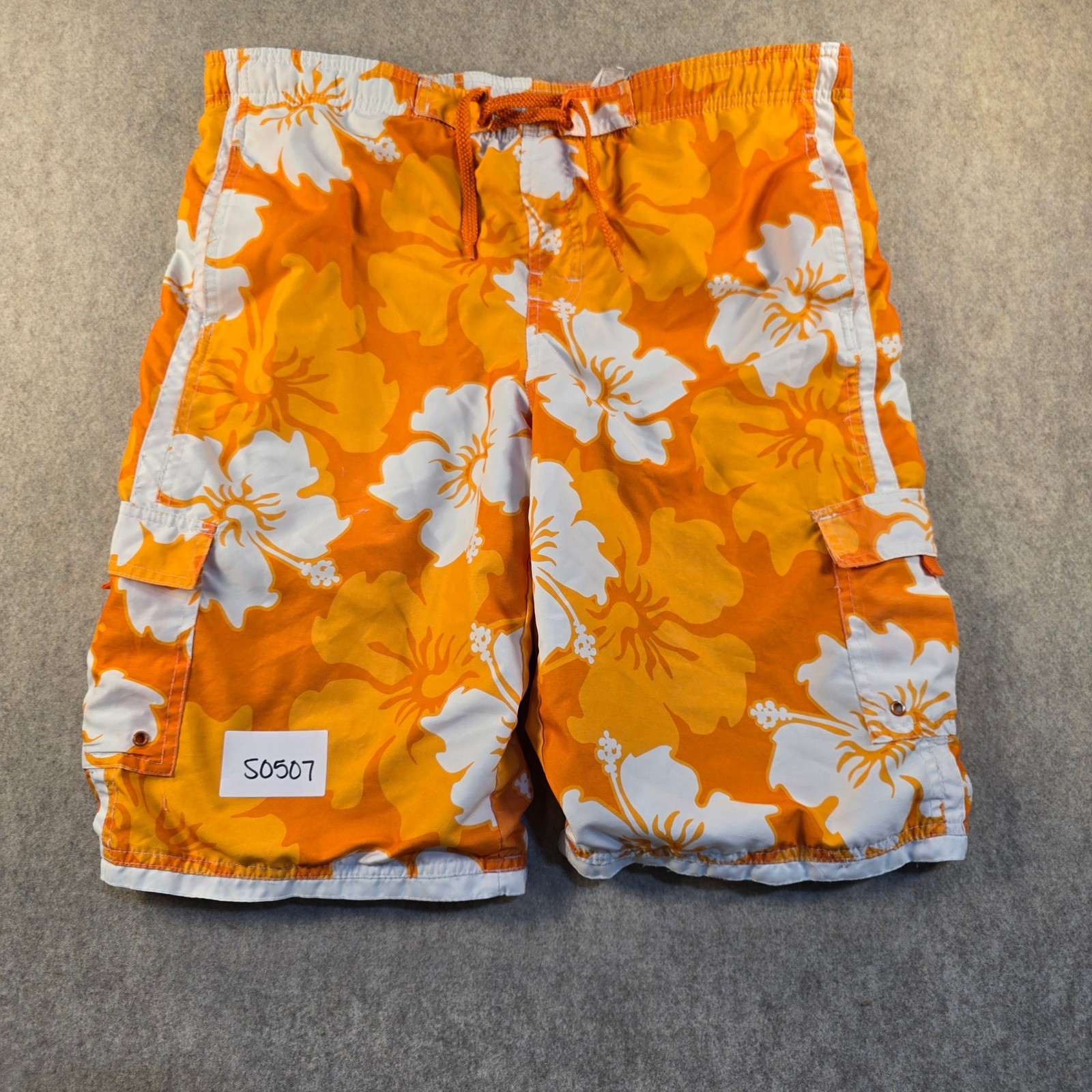 Sand N Sun Mens Orange White Hibiscus Floral Board Shorts Swim Trunks Size XL