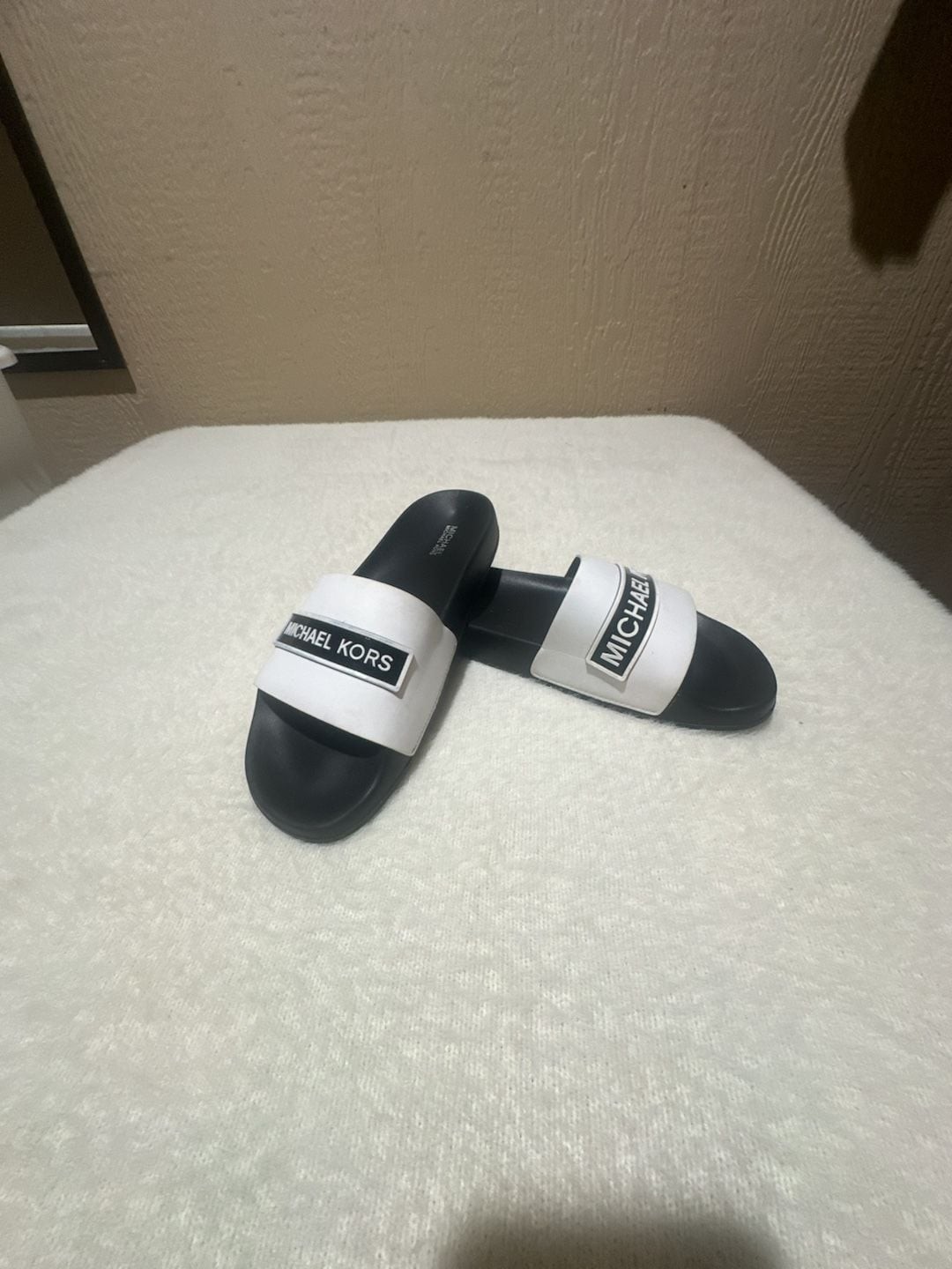 Michael Kors Demi Flat Slides EVA Sandals Black and White Logo