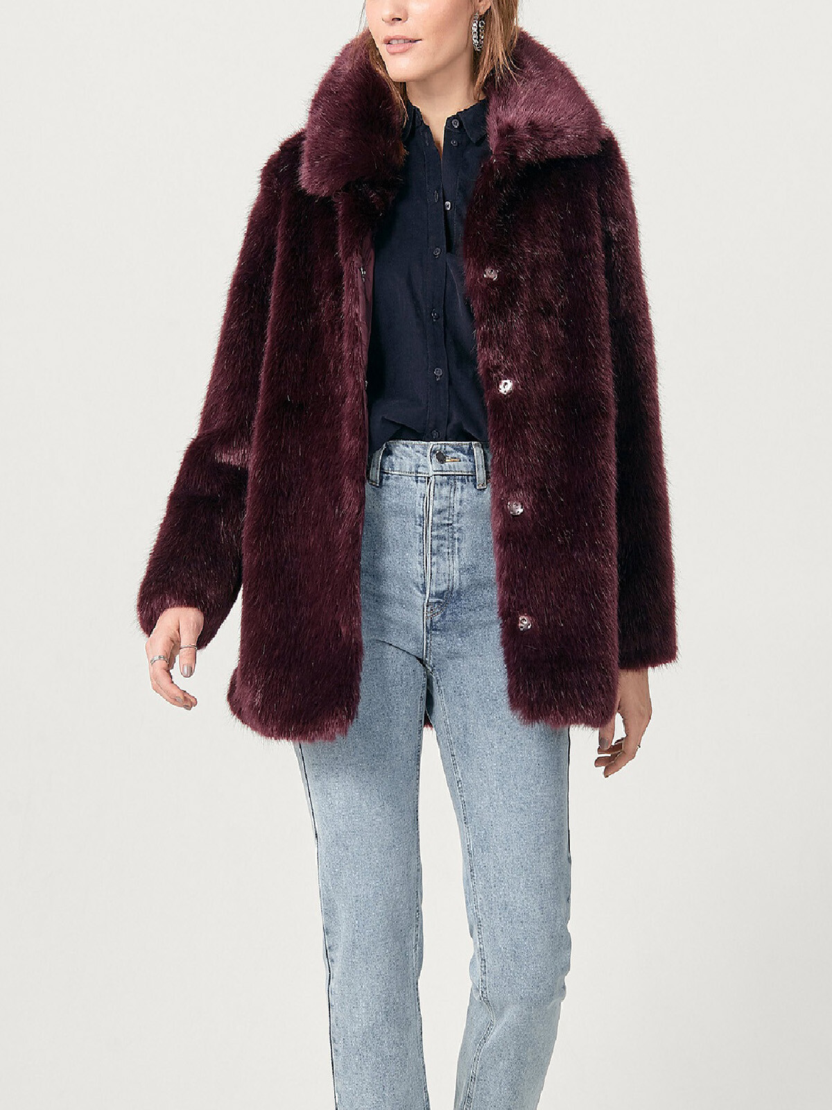 New Women Ellos Sweden Wine Red Mirabelle Faux Fur Winter Jacket Coat Size 8 &10
