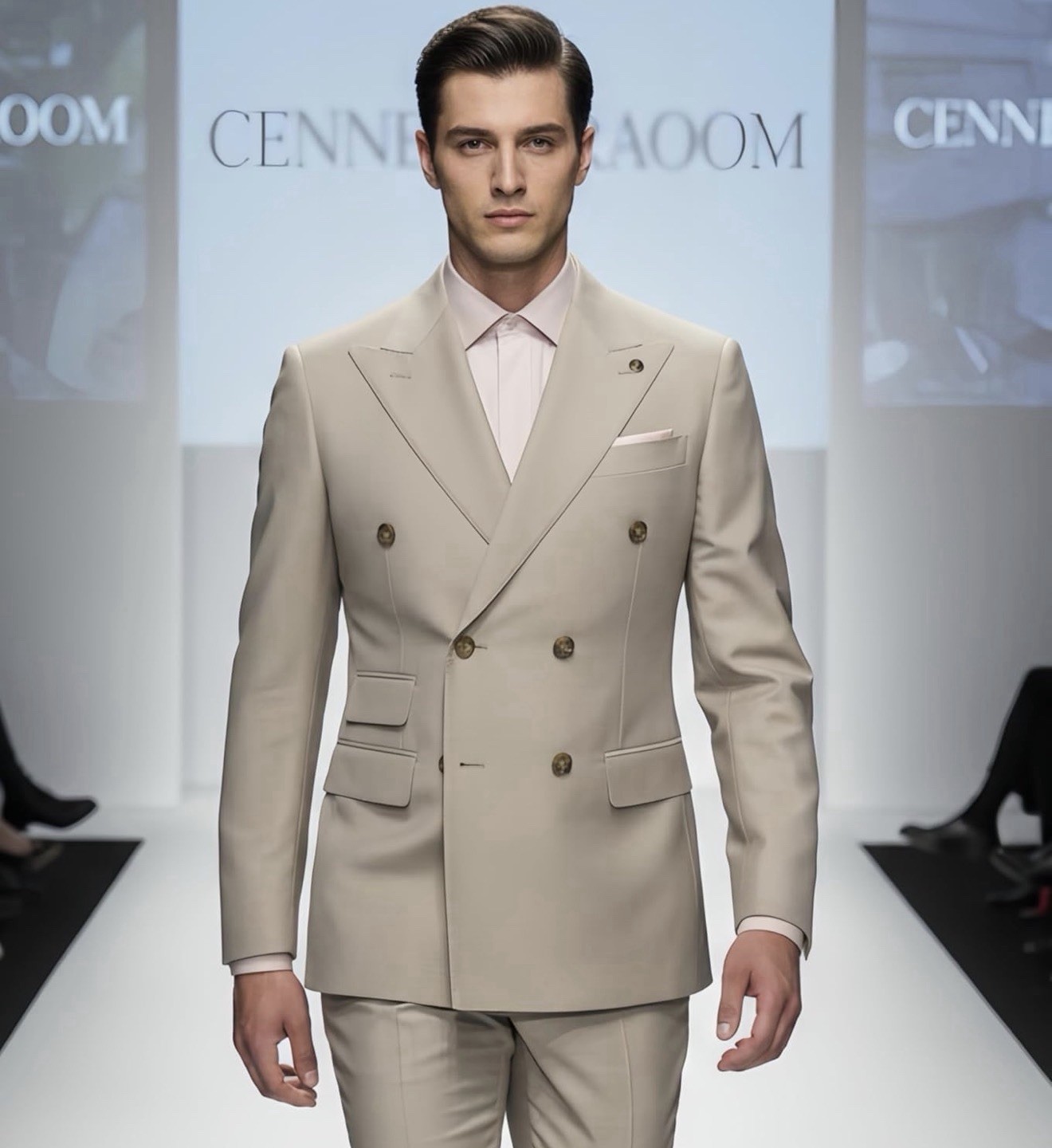 Cennes Des Graoom Indochino Slim Fit Double Breasted Taupe Suit Size 40R x 34W