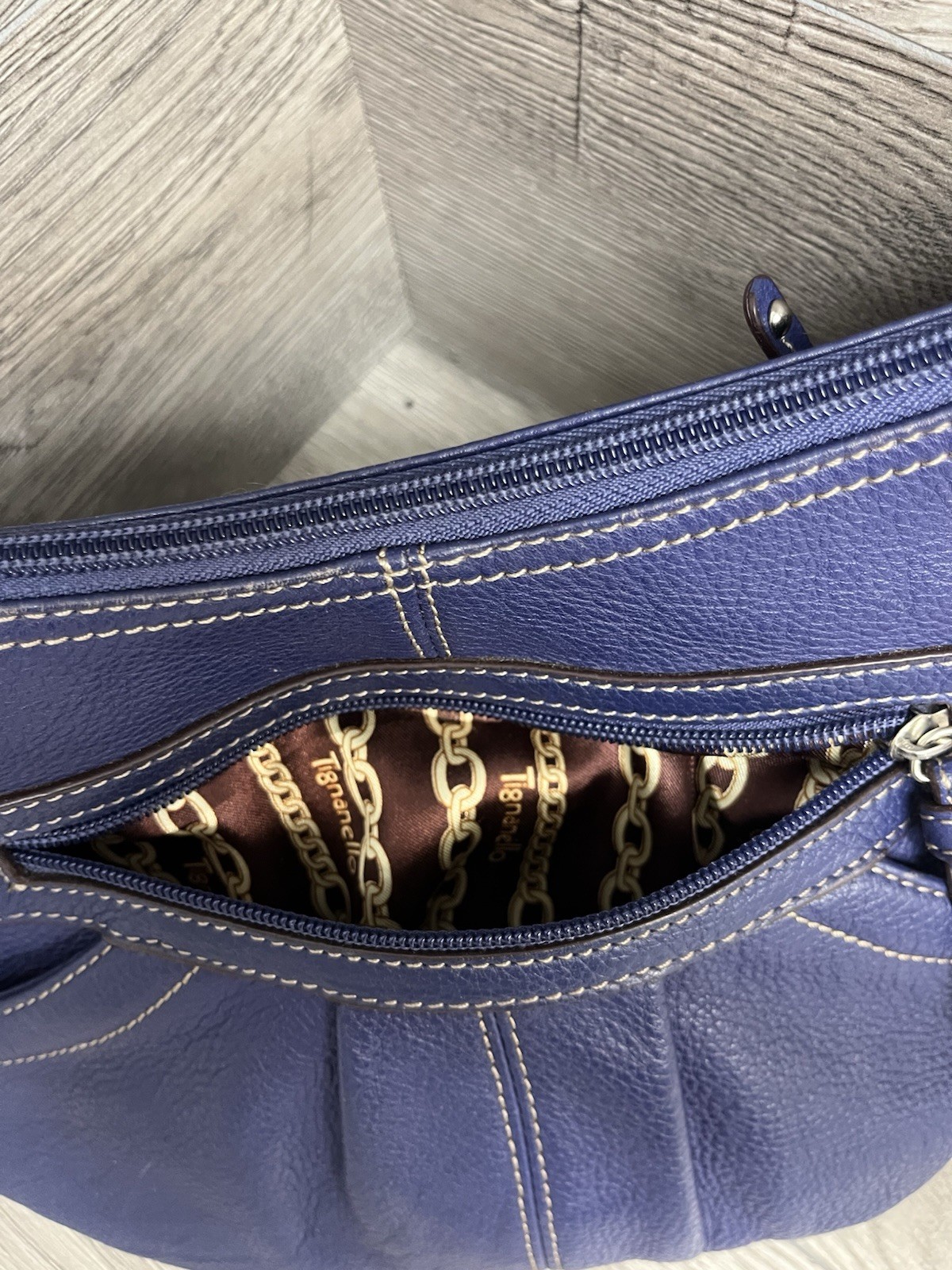 Navy Blue Leathe Shoulder Bag By Tignanello