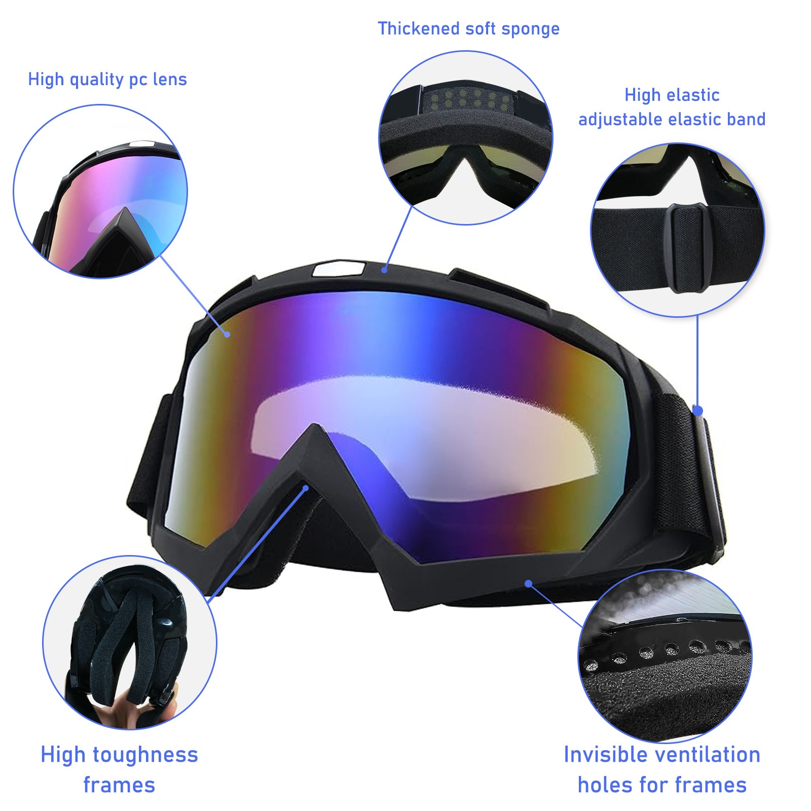 Motorcycle OTG Goggles Fit Over Glasses Padded Windproof Riding Adjustable Strap