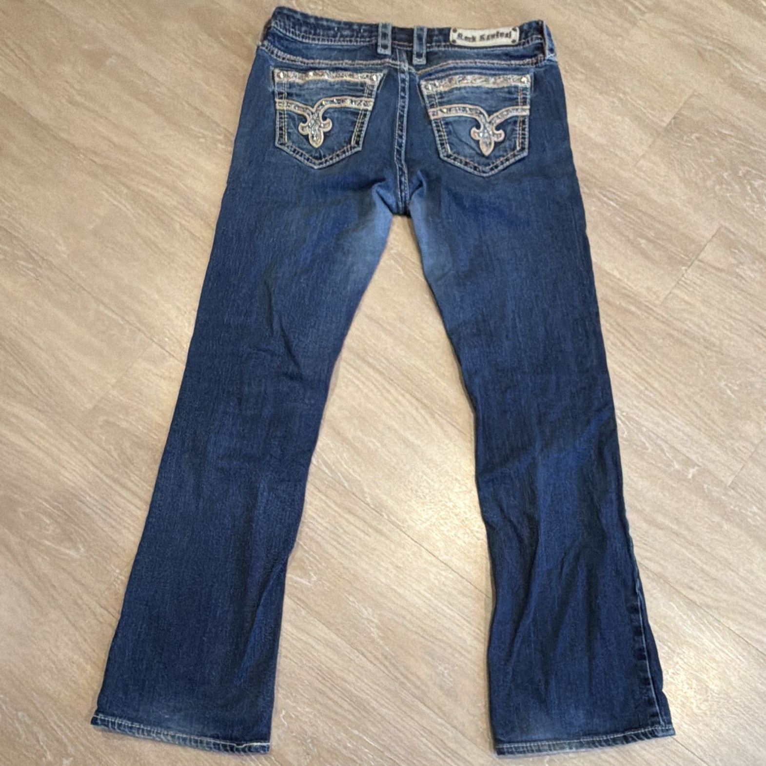 Rock Revival Women’s Easy Boot Bootcut Jeans Blue Medium Wash Embroidered