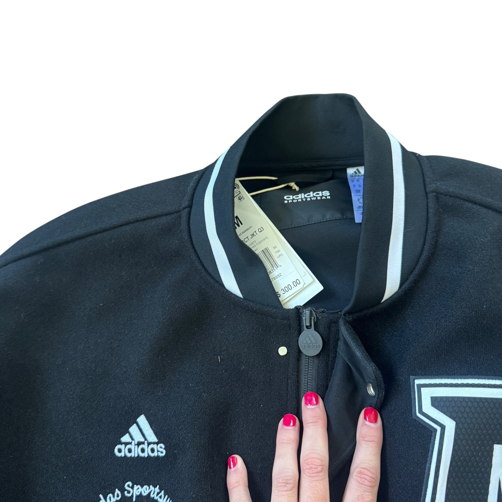 NEW Adidas Collegiate Premium Jacket Varsity Letter Jacket Black White Medium