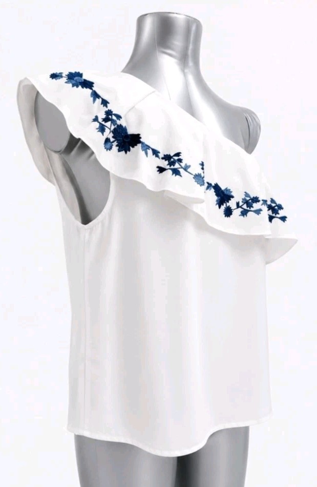 Chloe Oliver Anthropologie L Floral Embroidered One-Shoulder Ruffle Blouse