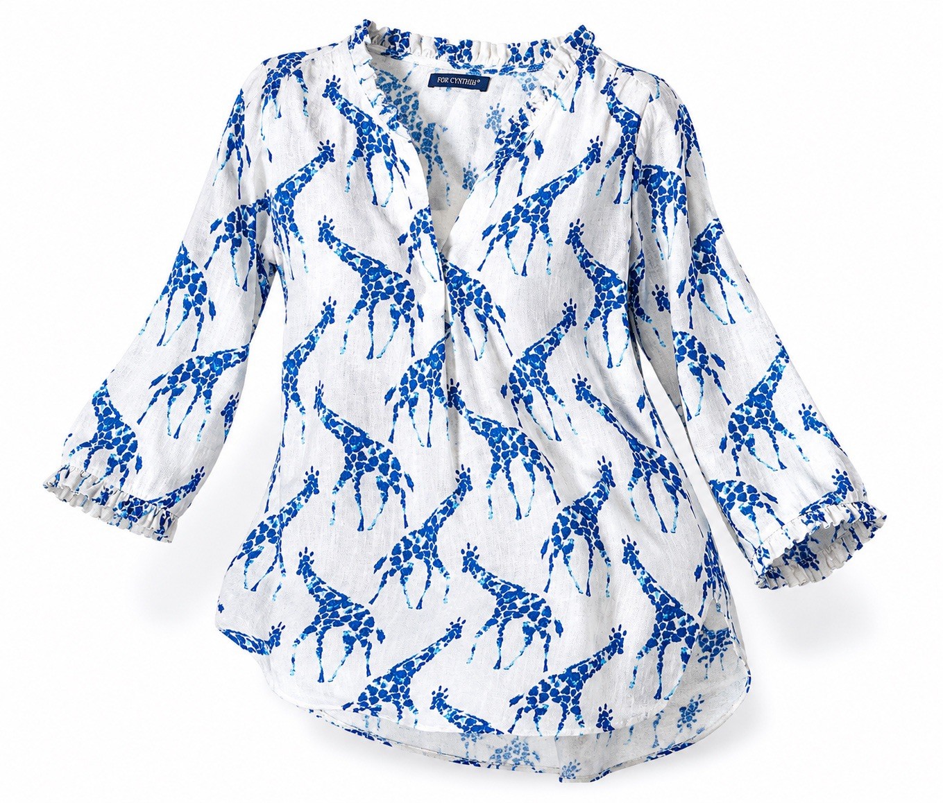 For Cynthia Giraffe Print Linen Blend Tunic Top Womens M/L Blue White Safari