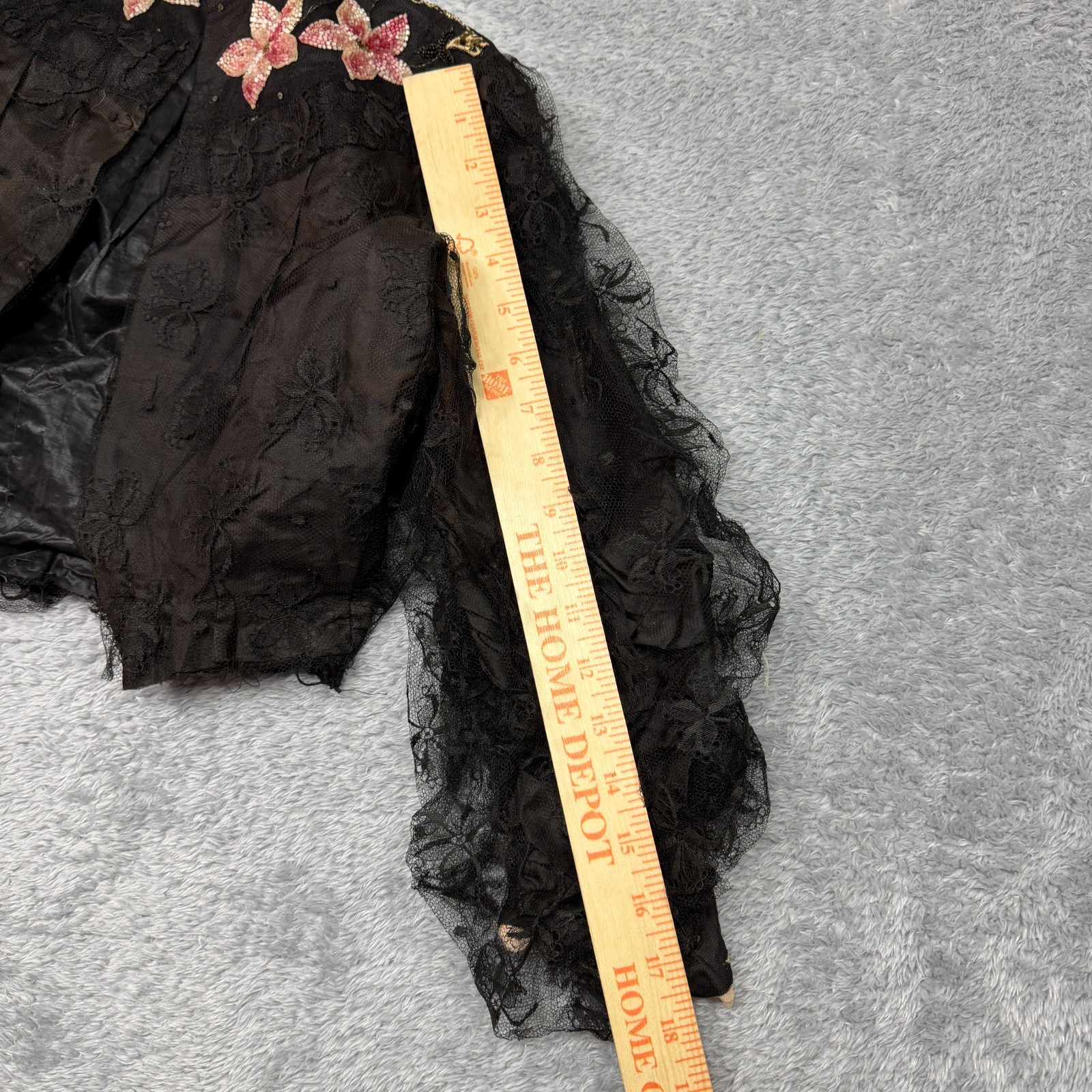 Antique Edwardian Jacket Black Pink Floral Beaded Silk Victorian Early 1900s