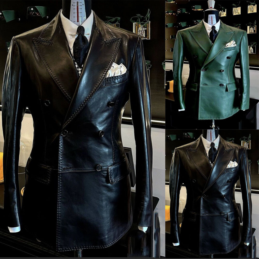 Leather Suits for Men Wide Peak Lapel Jacket Double Breasted Dinner Host Tuxedos