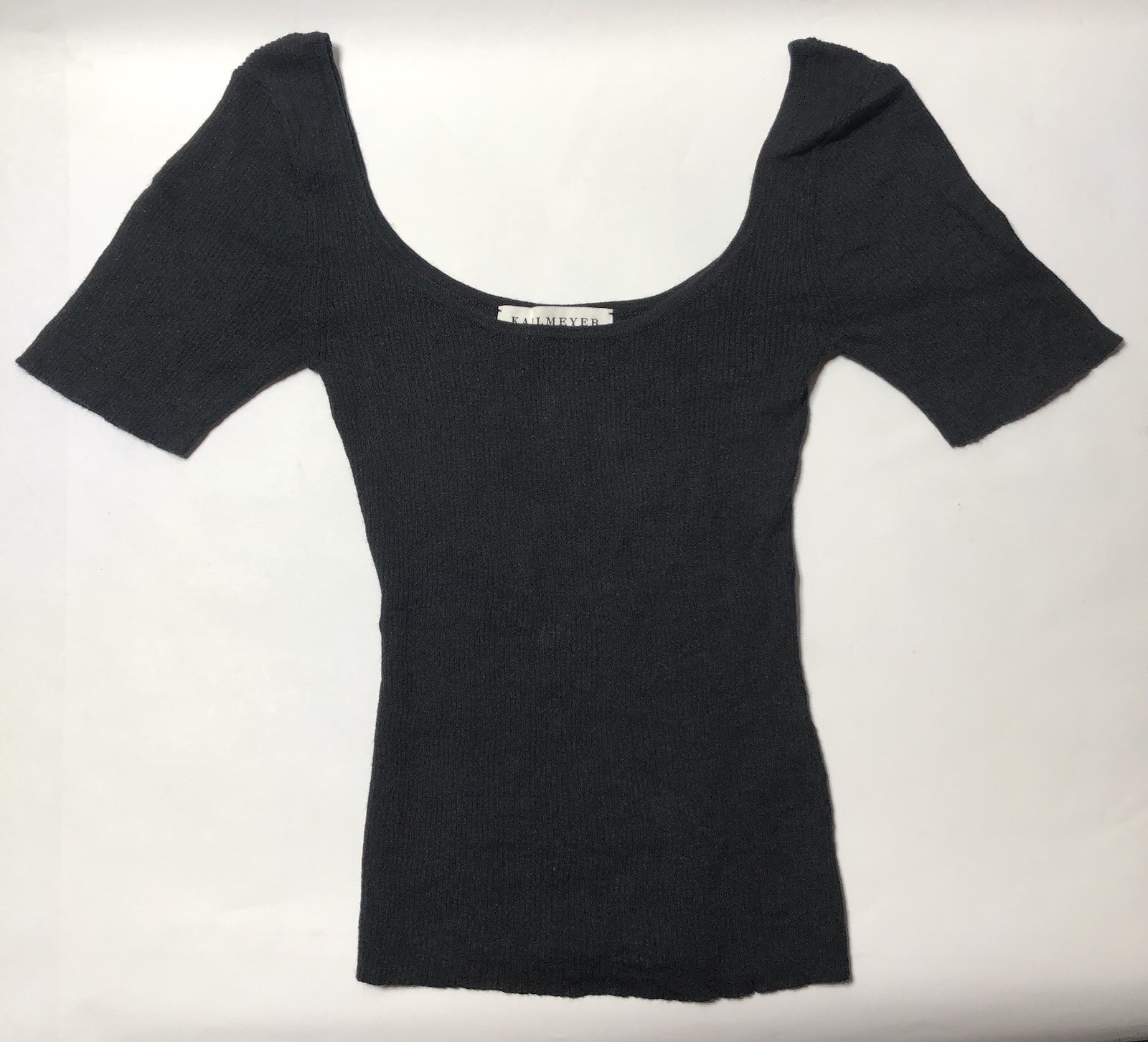 KALLMEYER Womens XS Luxury Black Shirt Top Knit Short Sleeve Scoop Linen Stretch