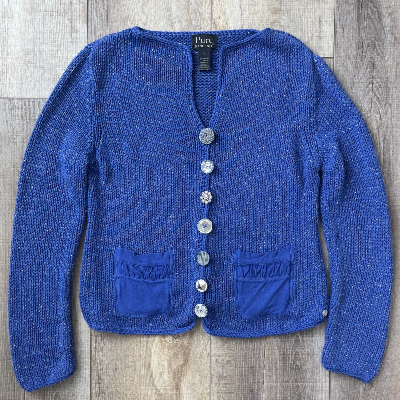 Brooch Button Handknit Womens Cotton Cardigan Size SP Blue Granny Cottagecore