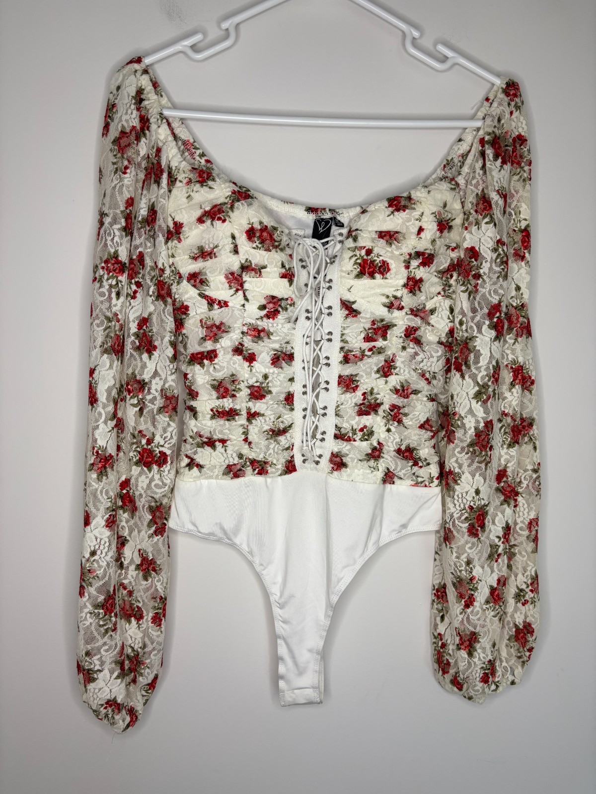 WINDSOR NEW Bodysuit Womens M Lace Floral Corset Lace Up Snap Sheer