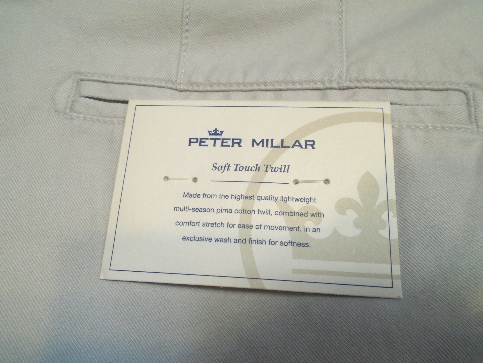 Peter Millar Soft Touch Twill Pima Cotton Khaki Pant NWT $149 38 x 36 Light Gray