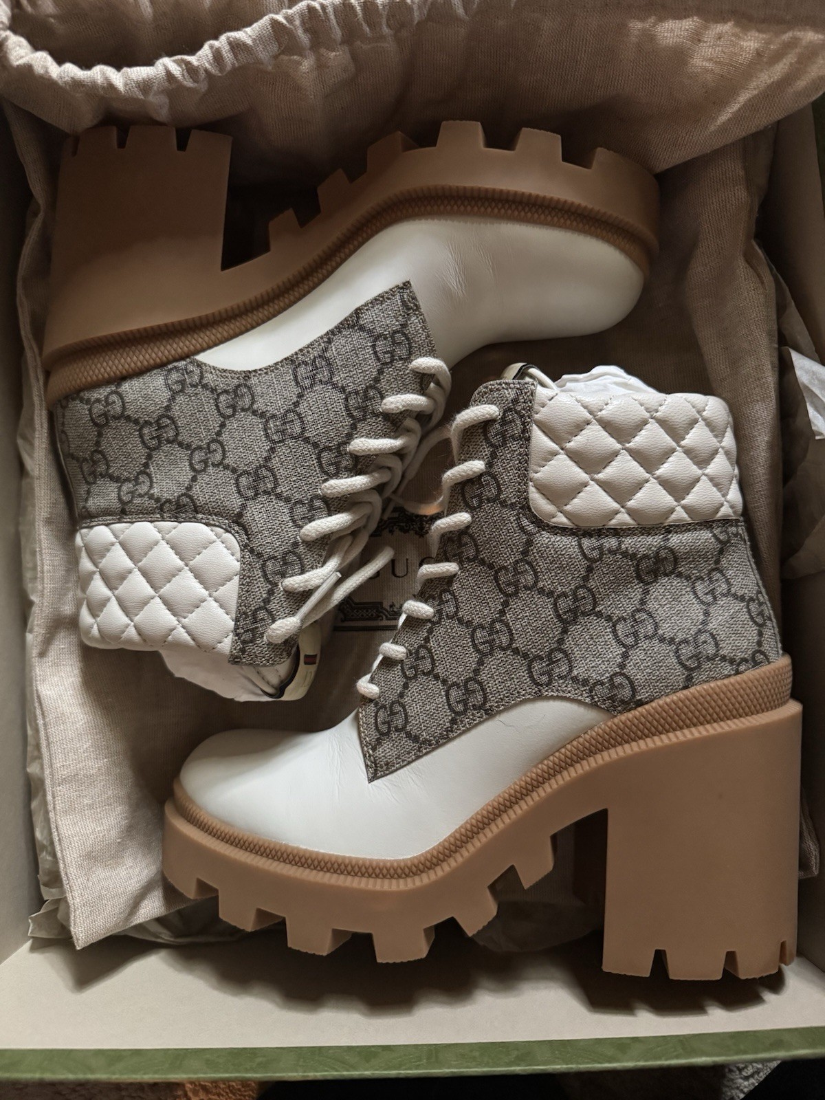 Gucci Calfskin GG Supreme Monogram Nappa Quilted Lace Up Ankle Boots
