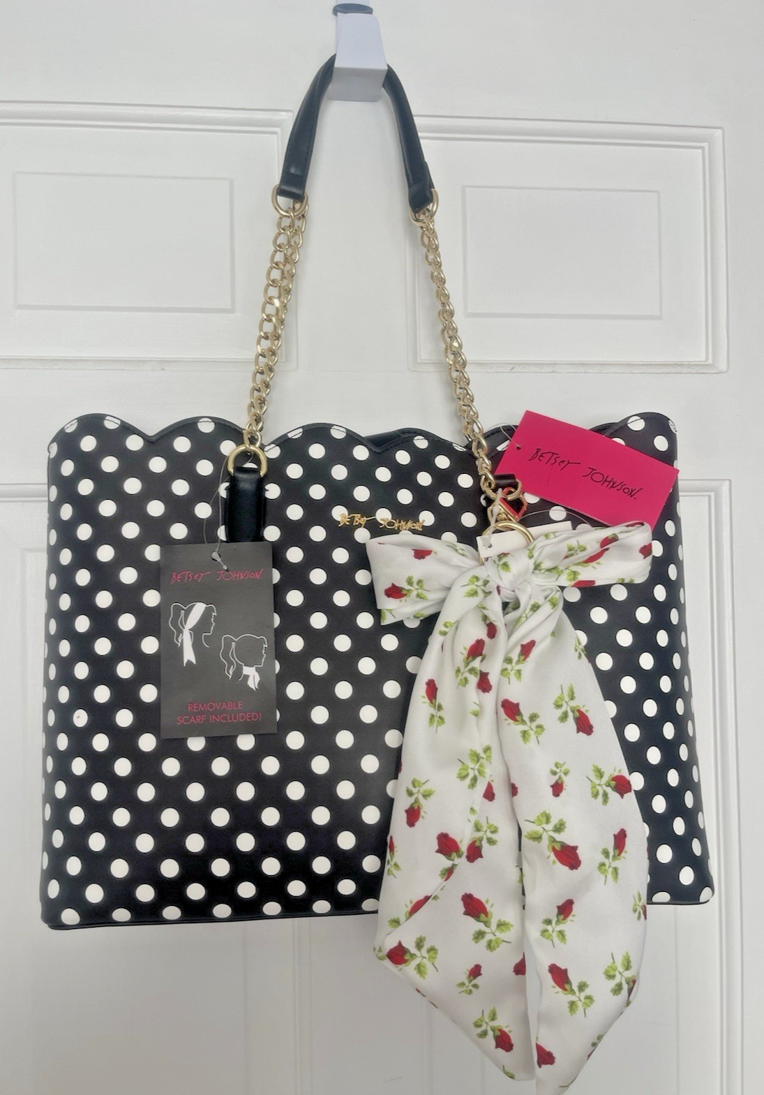 Betsey Johnson XO Tote Black/White Polka Dots Shoulder Bag Purse NWT