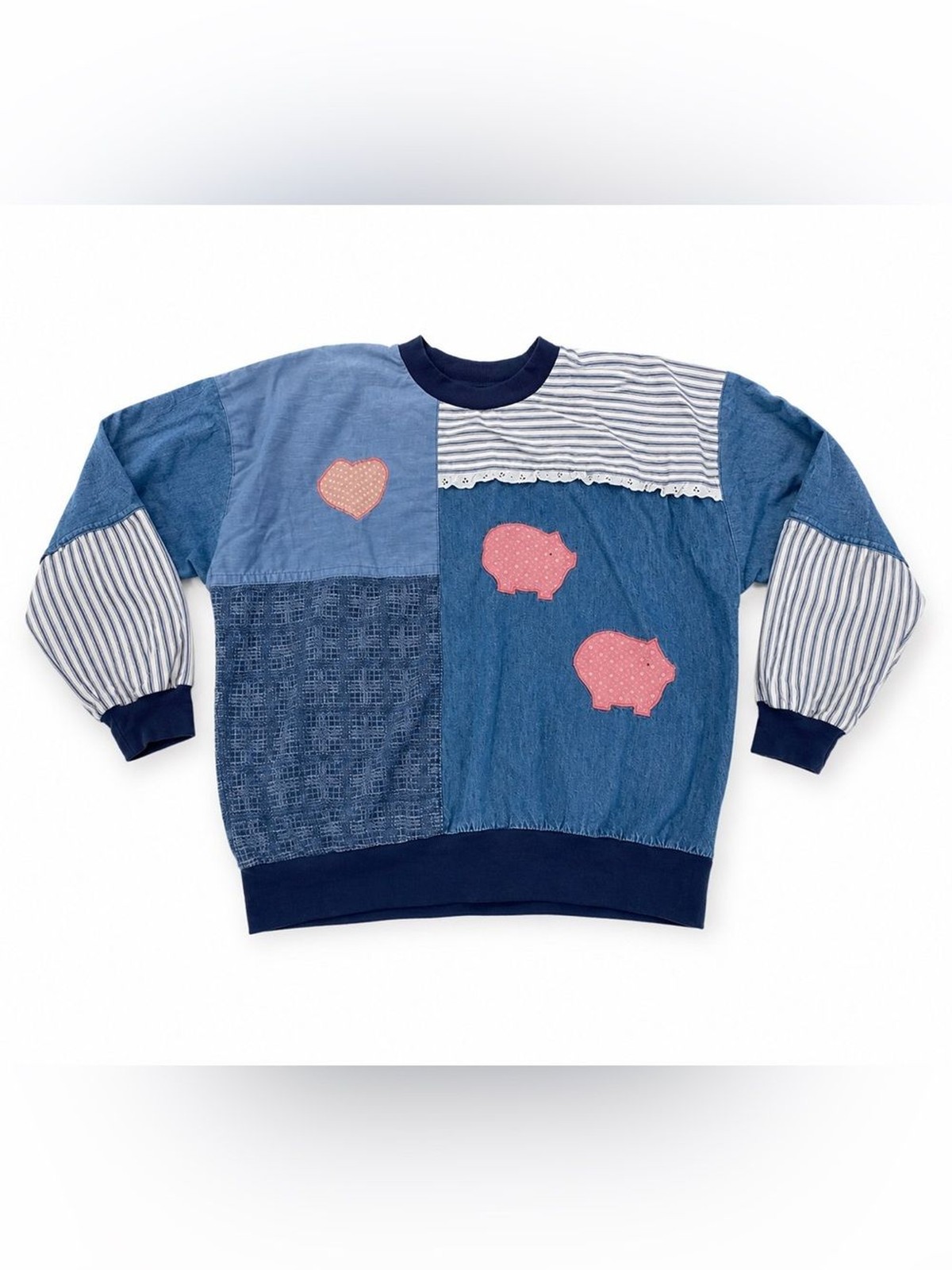 Vintage Patchwork Denim Sweatshirt Pullover Hearts & Pigs