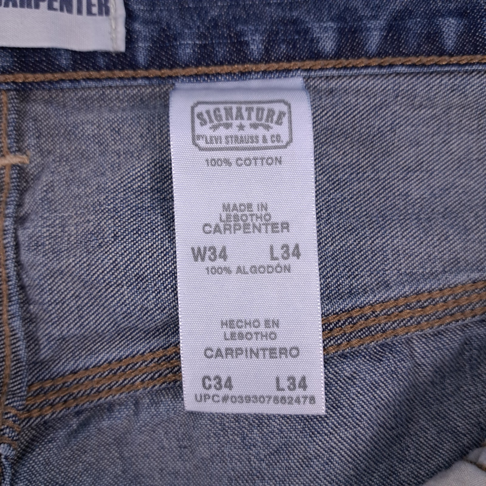 Signature Levis Jeans Mens 34 X 34 Blue Denim Carpenter Hammer Loop Workwear