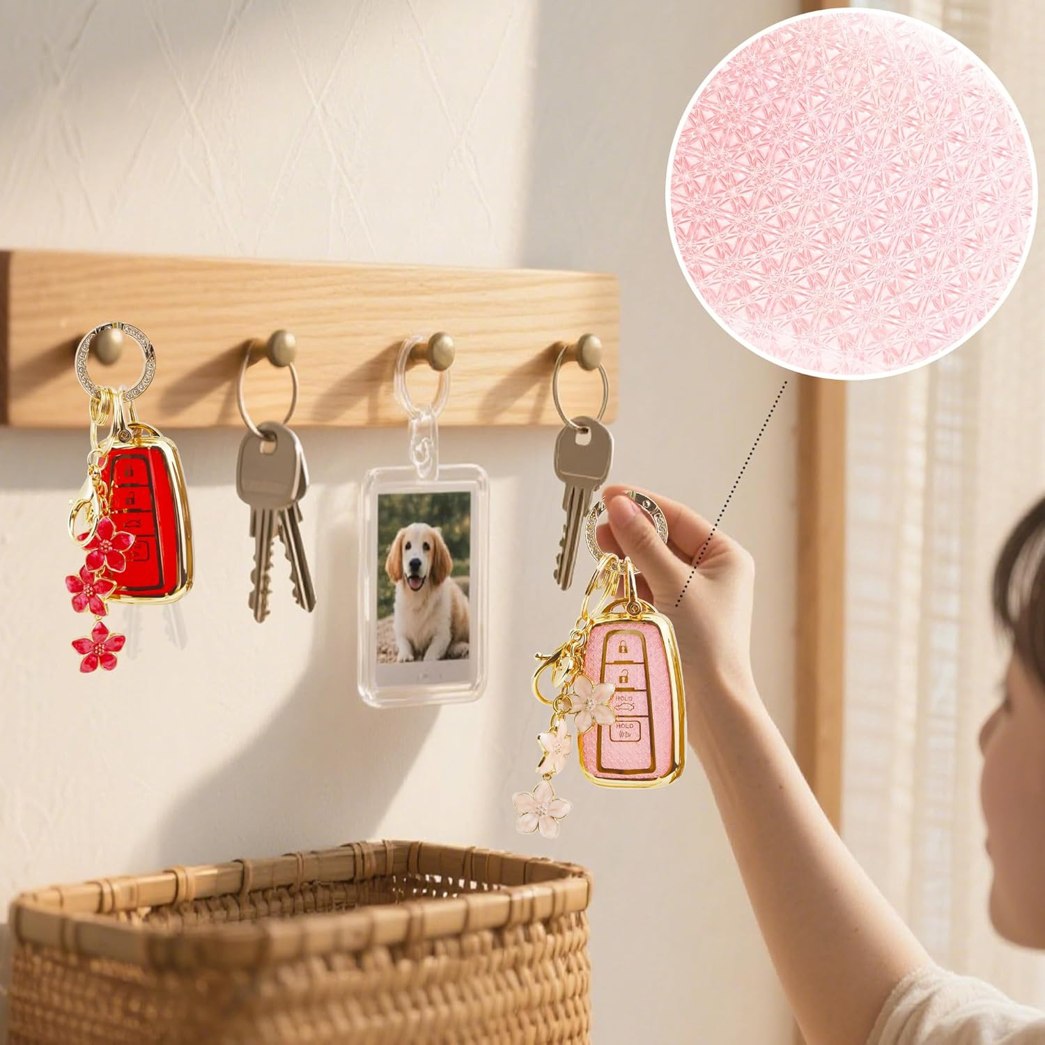 Pink TPU Key Fob Cover with Sakura Flower Keychain Compatible with Jeep Compass