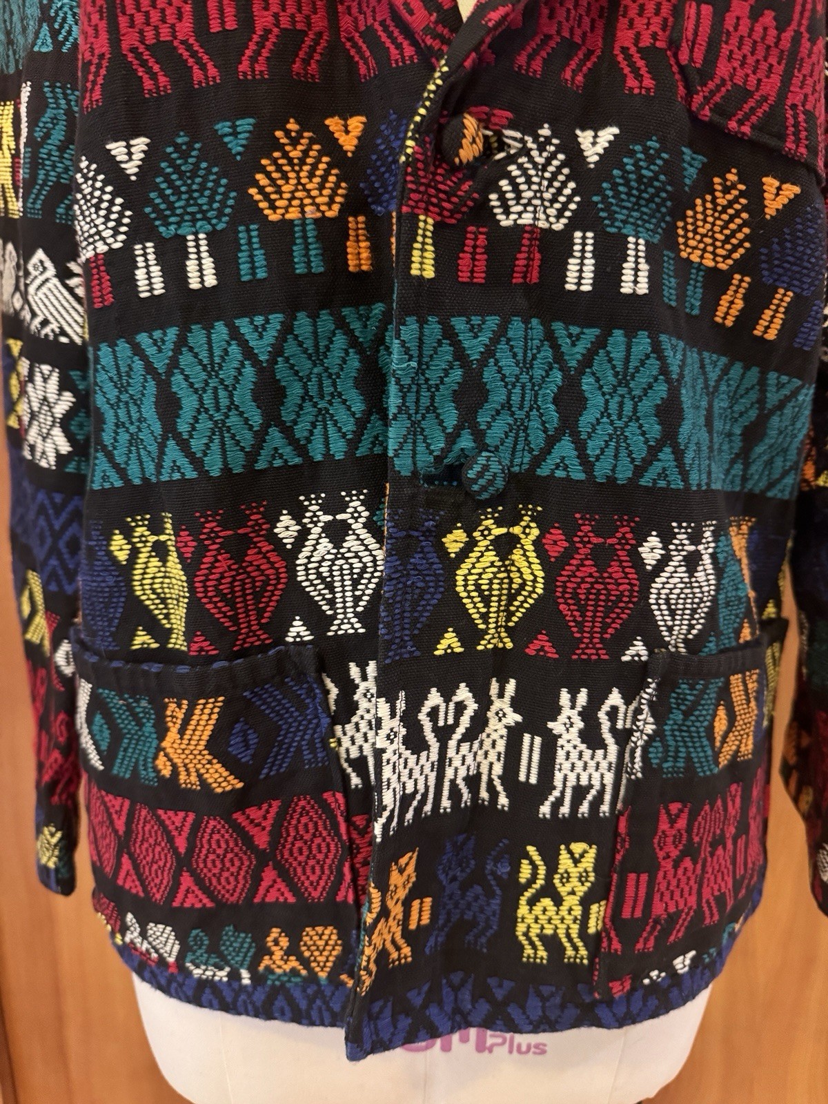 Vintage 70s Guatemalan Handwoven Jacket Men’s M Folk Art Chore Coat Maya Textile