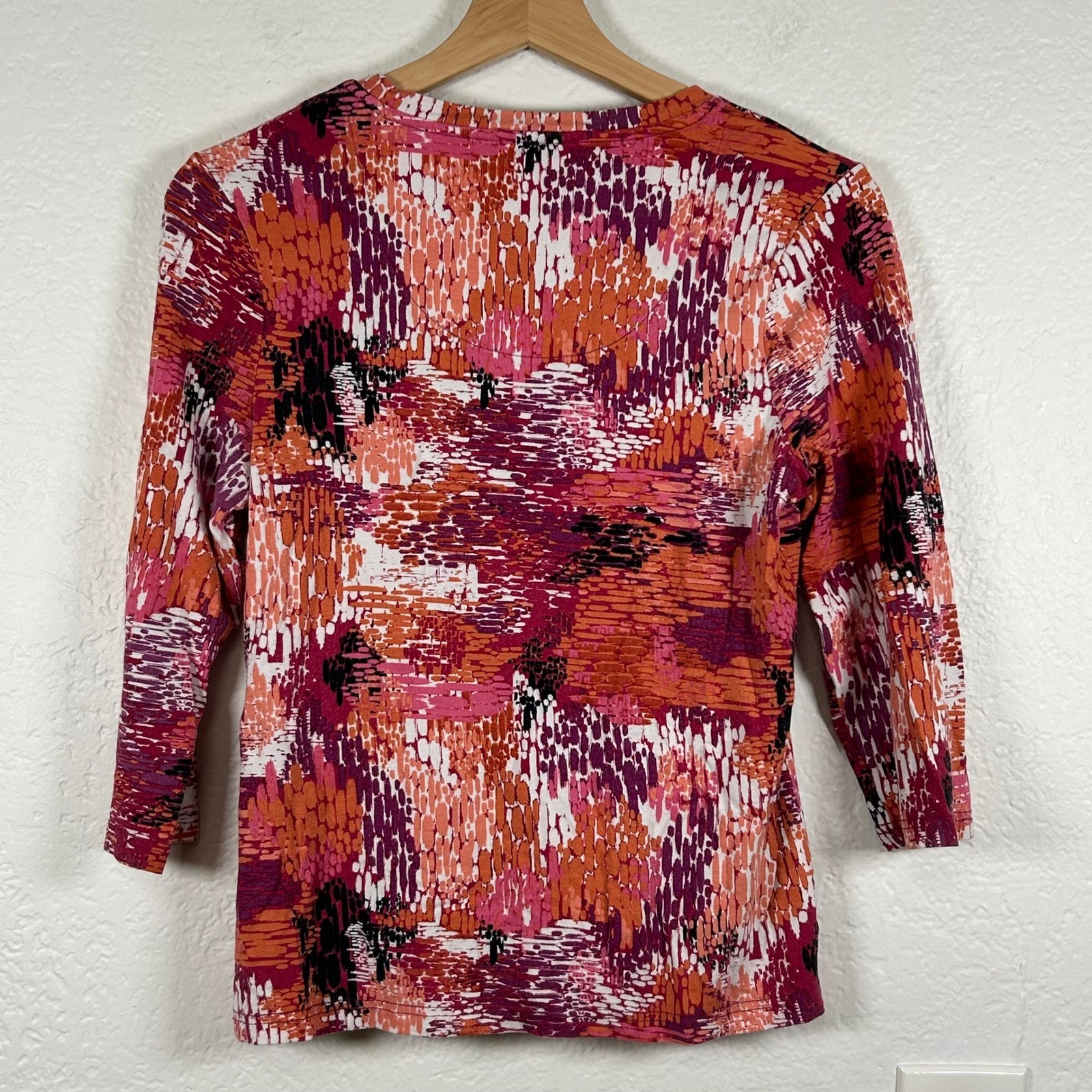 VTG Amber Sun V-Neck Top Orange Pink Abstract 3/4 Sleeve Size SP