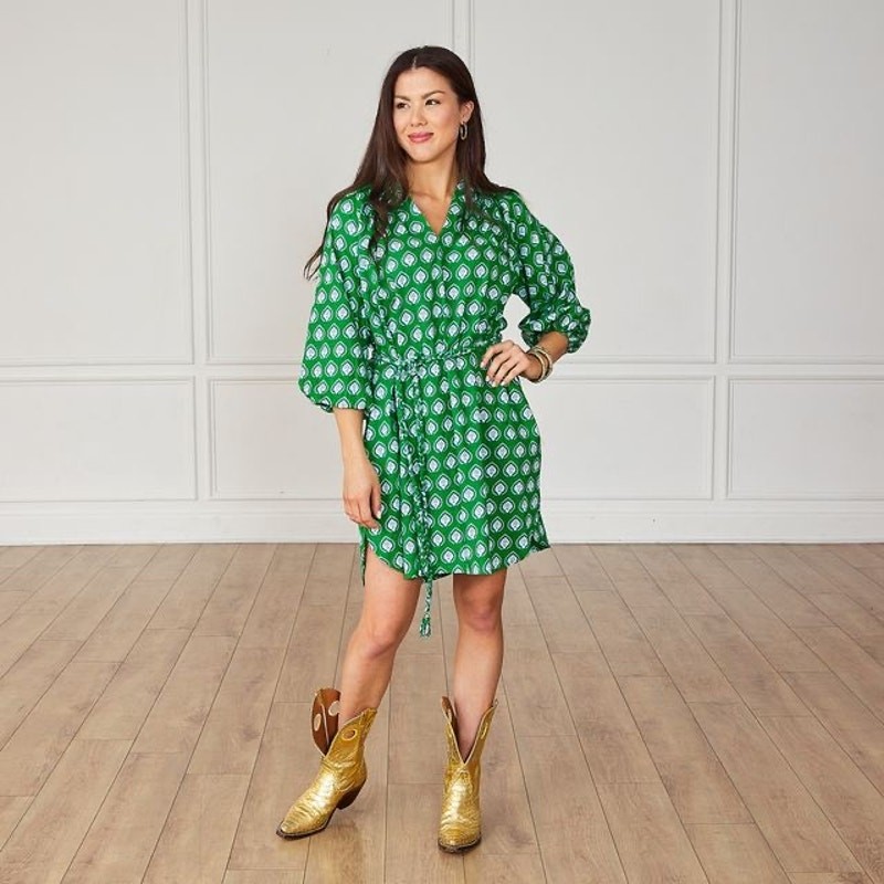 Caryn Lawn 100% Cotton Green Floral Pippi Leaf Mini Dress Size One Size
