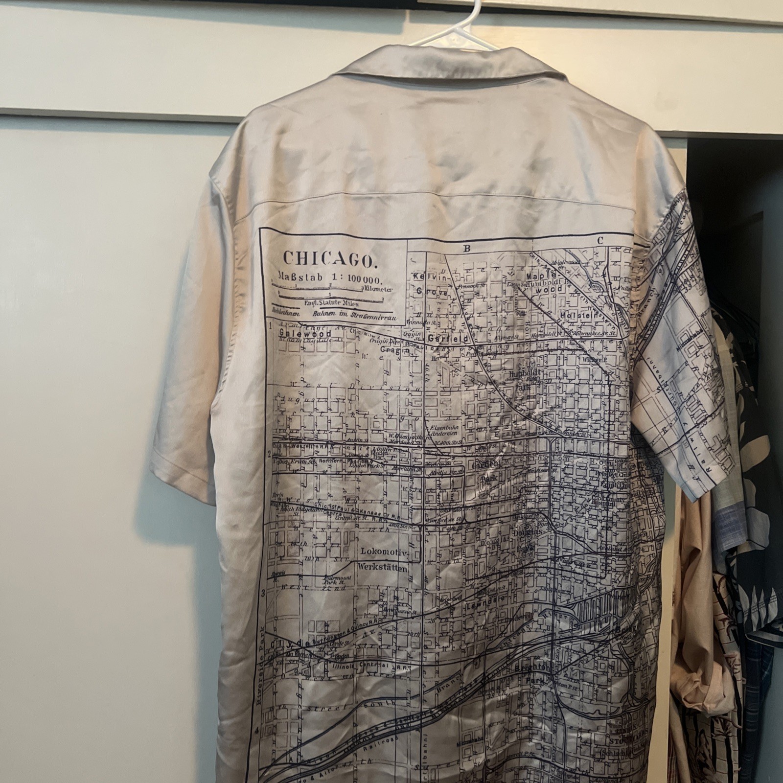 Abercrombie Fitch Shirt Mens Large Chicago City Skyline Print Camp Collar Satin