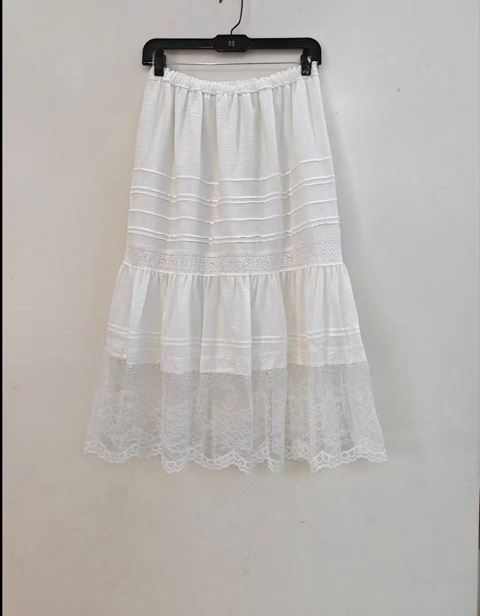 Doen Breathable Strap Waist Lace Edge Sleeveless Top+Mesh Splicing Half Skirt