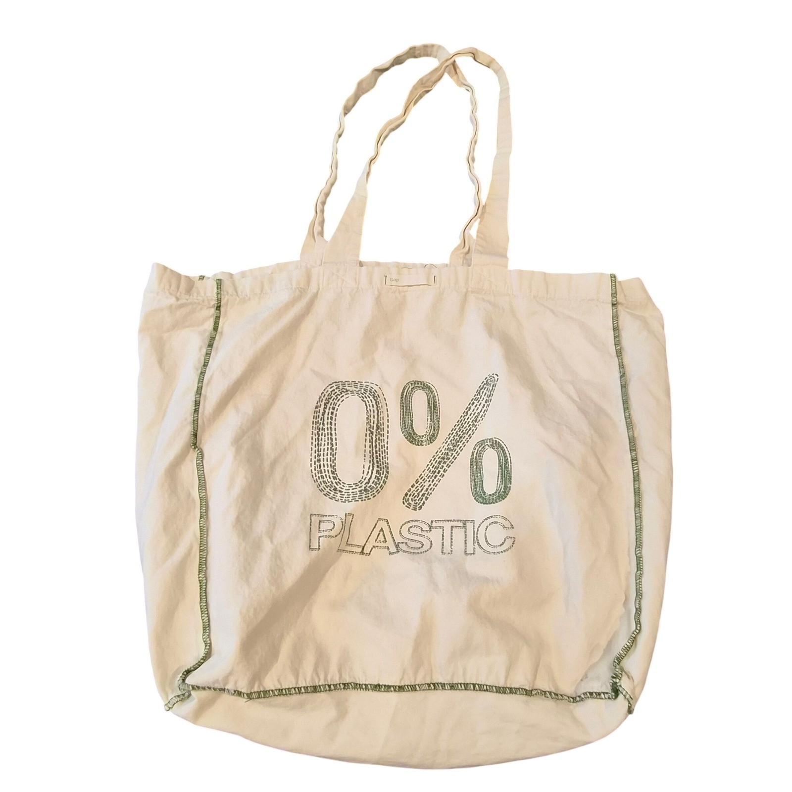 Gap 0% Plastic Cotton Canvas Tote Bag Reusable Shopper Off White Green Stitching