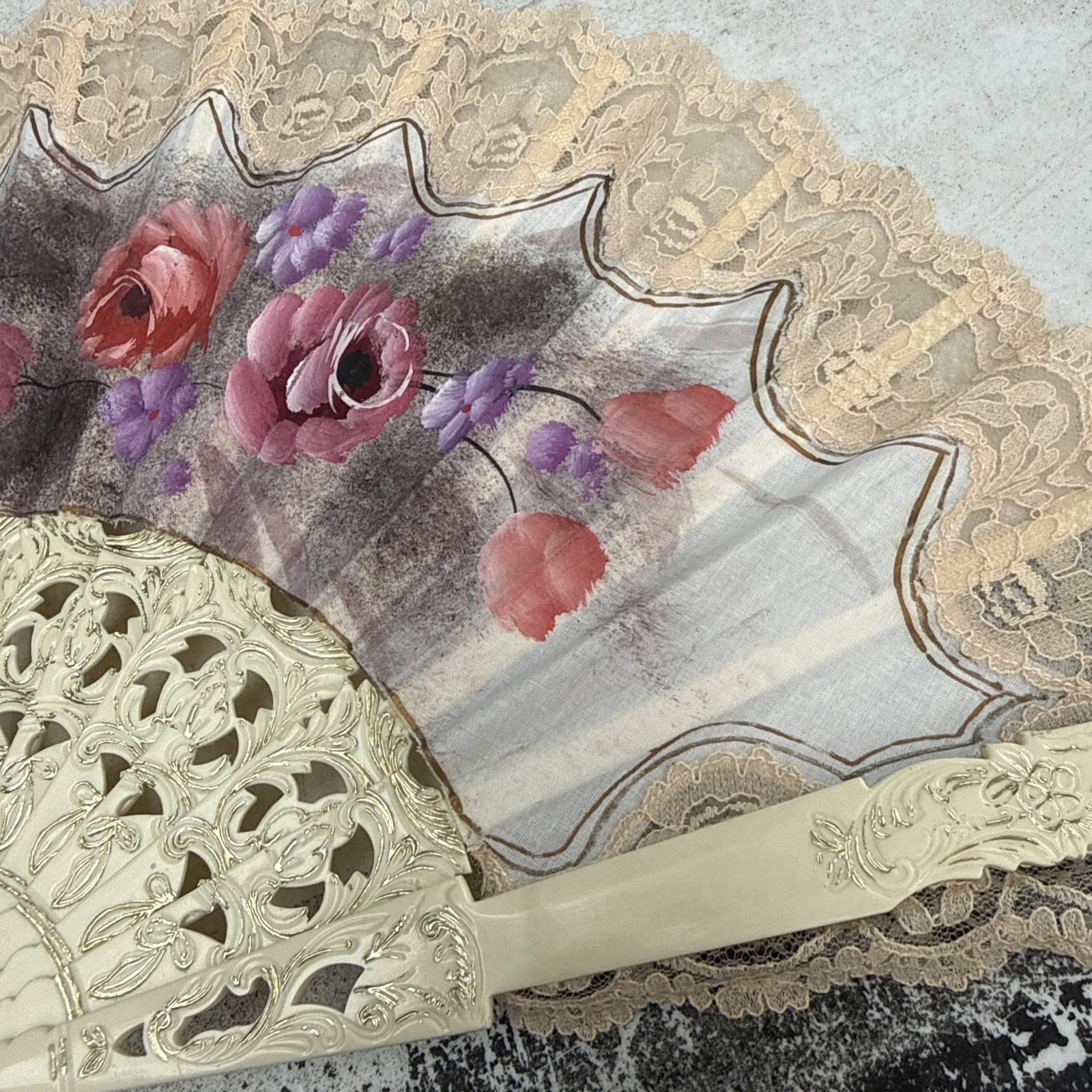 Victorian Style Multicolor Floral Hand Fan Black Lace Trim Fabric Plastic