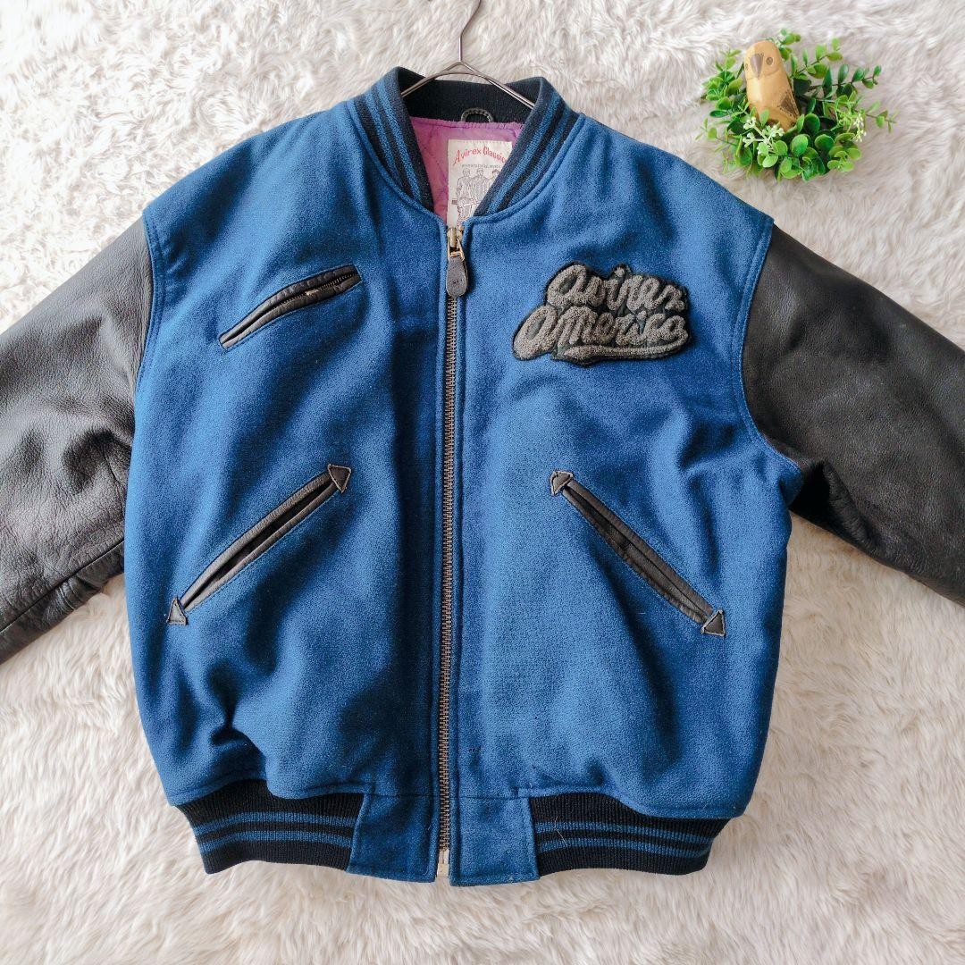 AVIREX Leather Wool Stadium Jacket Blouson Coat Men Size M Blue Black Vintage