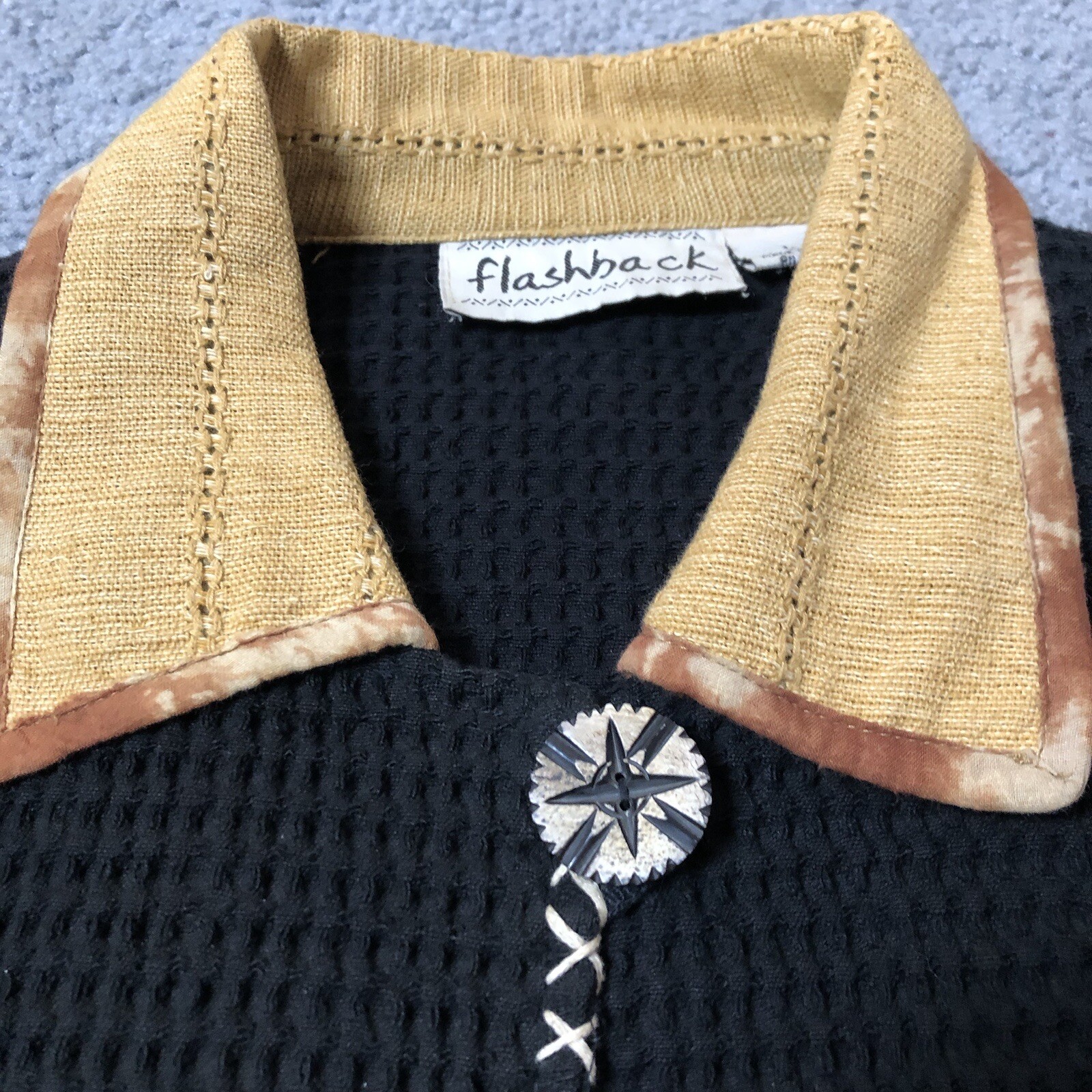 Vtg Waffle Knit Cardigan Jacket Women’s L Black Button Up Pockets Tribal Goth
