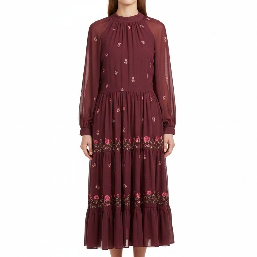 ASOS DESIGN Burgundy Floral Embroidered Tiered Maxi Dress Tie Neck Wine Size 10