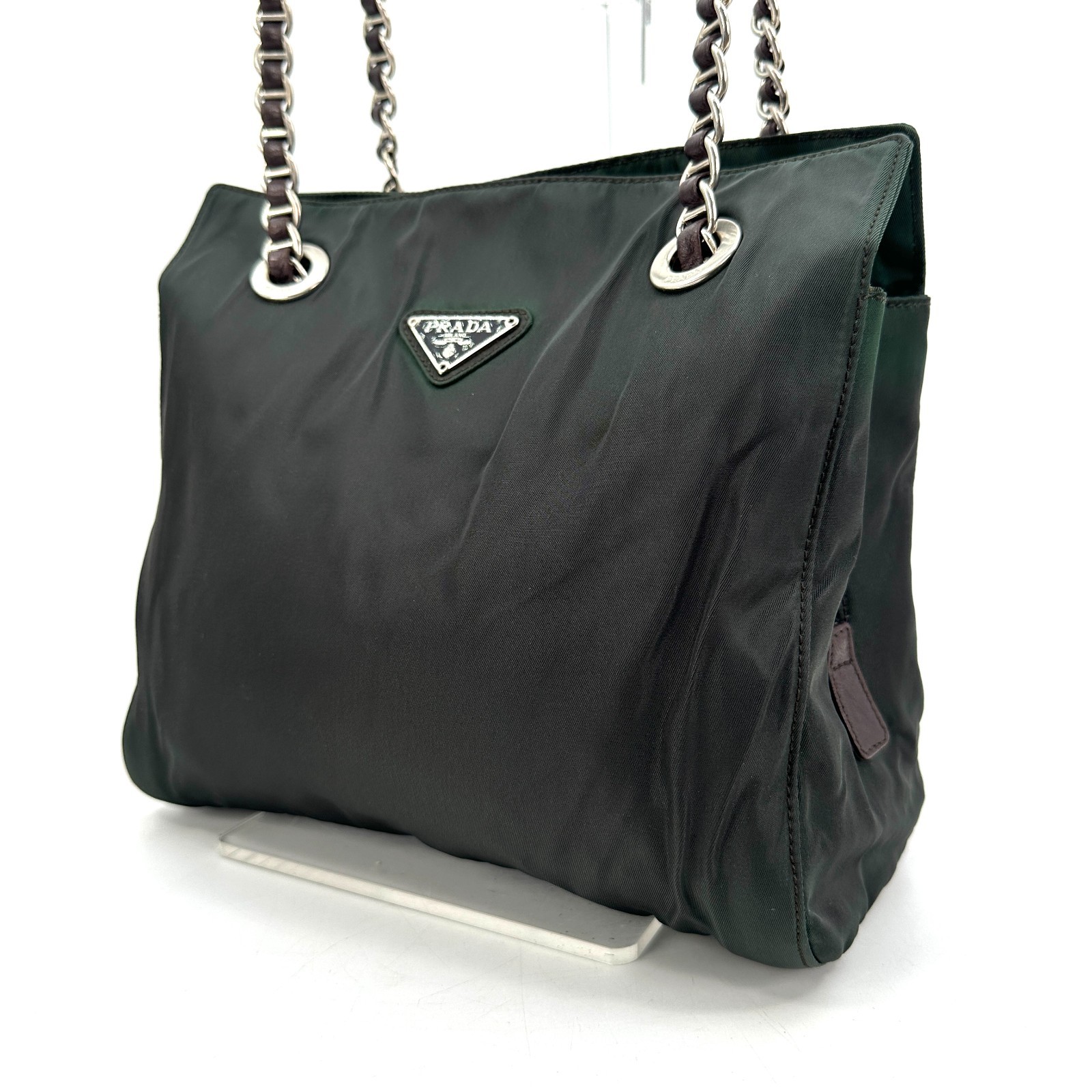 PRADA Shoulder Bag Cain Nylon Leather Green Khaki Triangle Logo Plate Black Auth