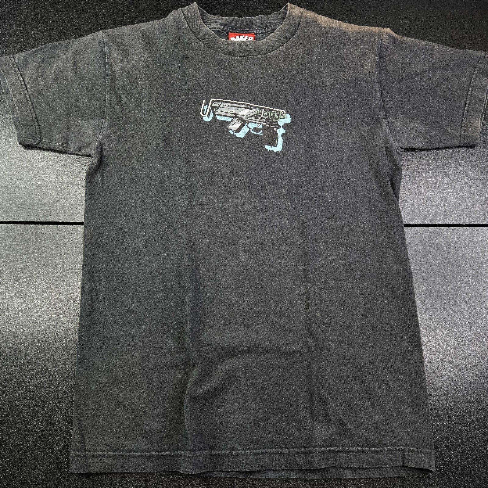 Vintage Baker Skateboards Mini Uzi Gun Ride Or Die Skate Tee, Sz S 17×26″, Fade