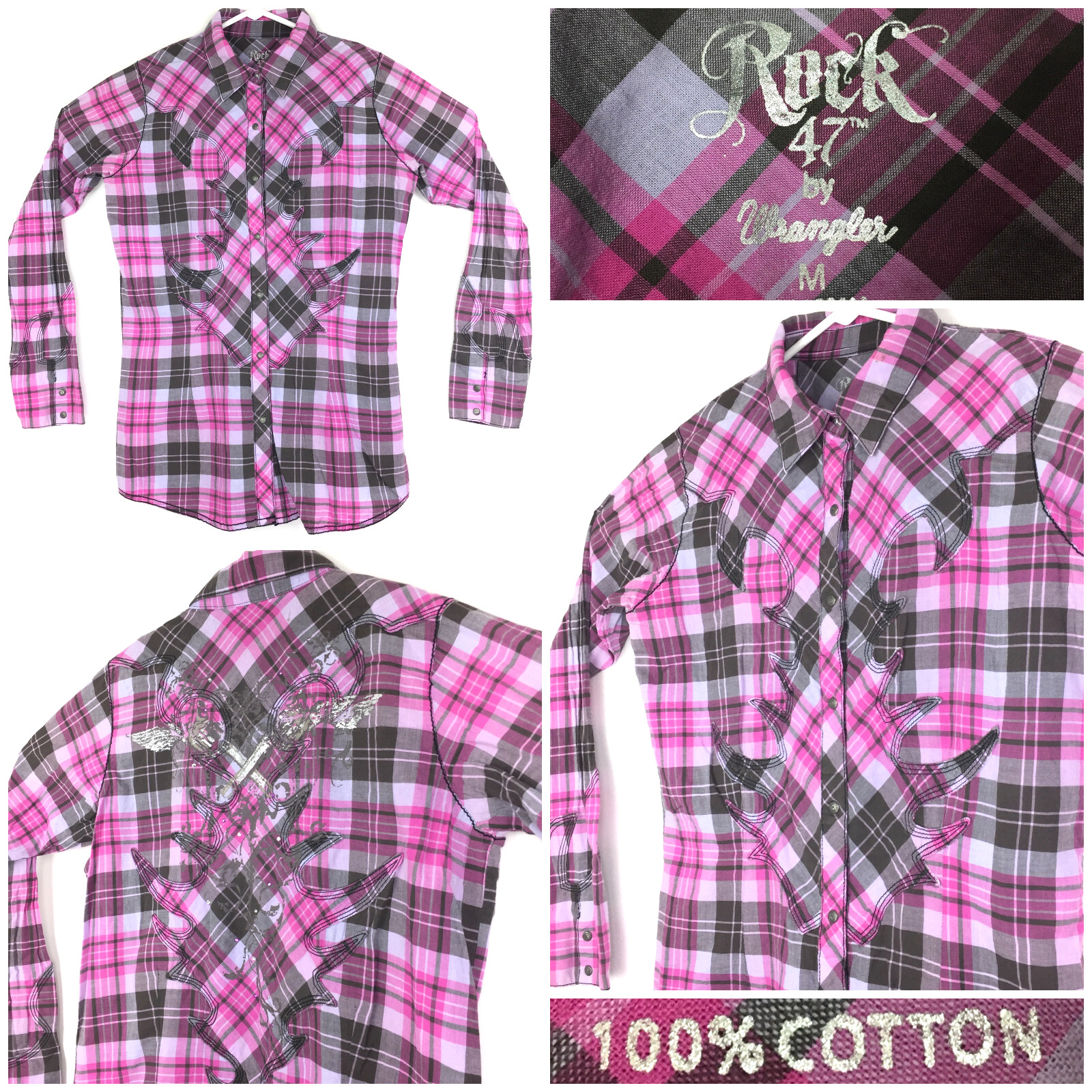 Wrangler Rock 47 Womens Medium M Purple Rhinestone Pearl Snap Western Shirt 38″