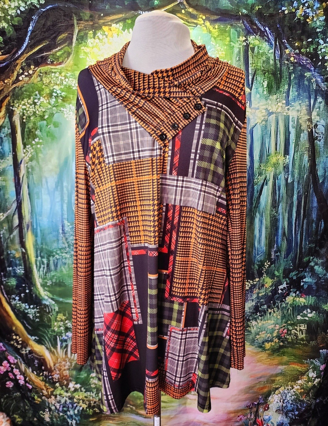 Lily By Firmiana Multi Pattern Houndstooth Plaid Patchwork Tunic Top 1X