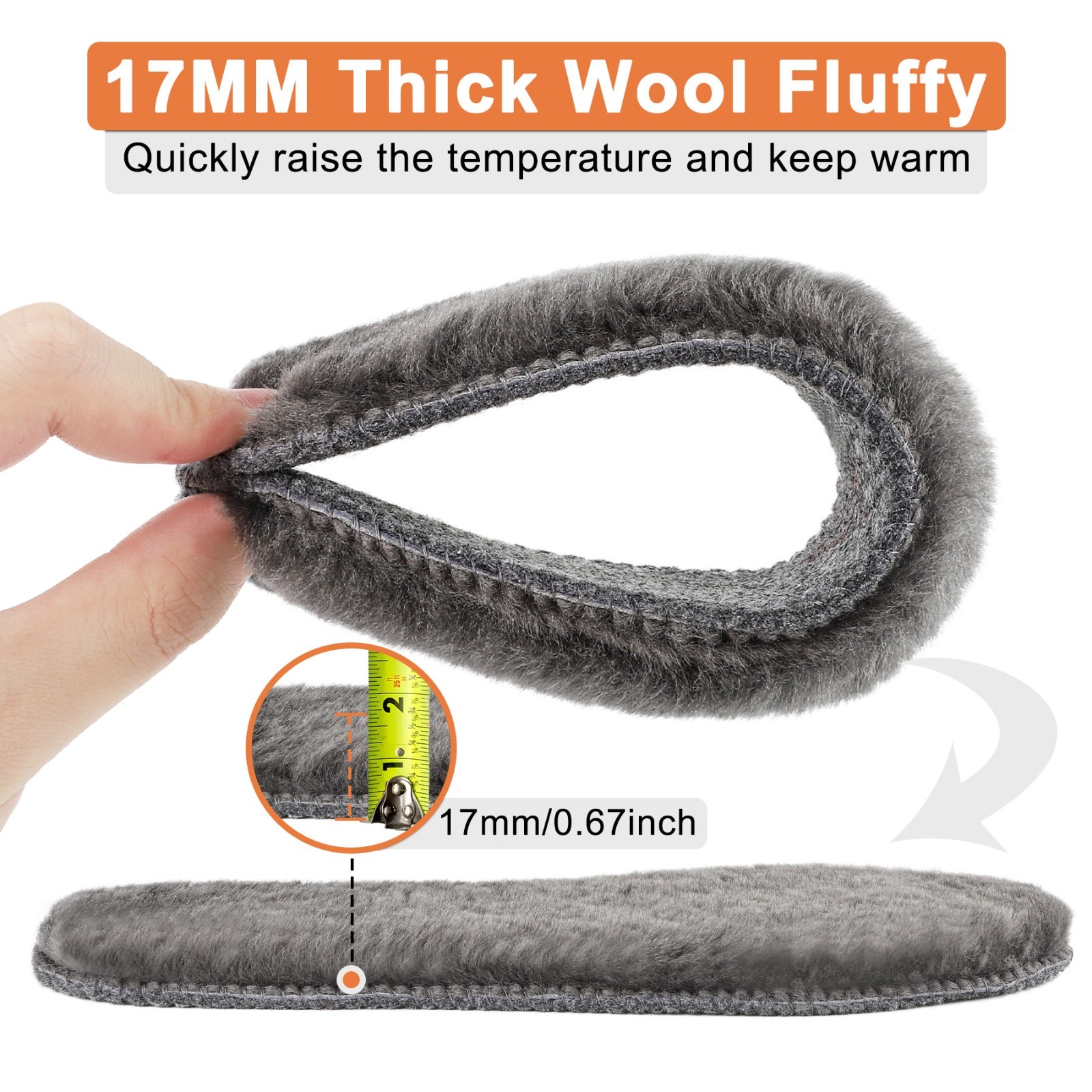 LARGERED 2 pairs of winter warm wool insoles, unisex, 17mm thick