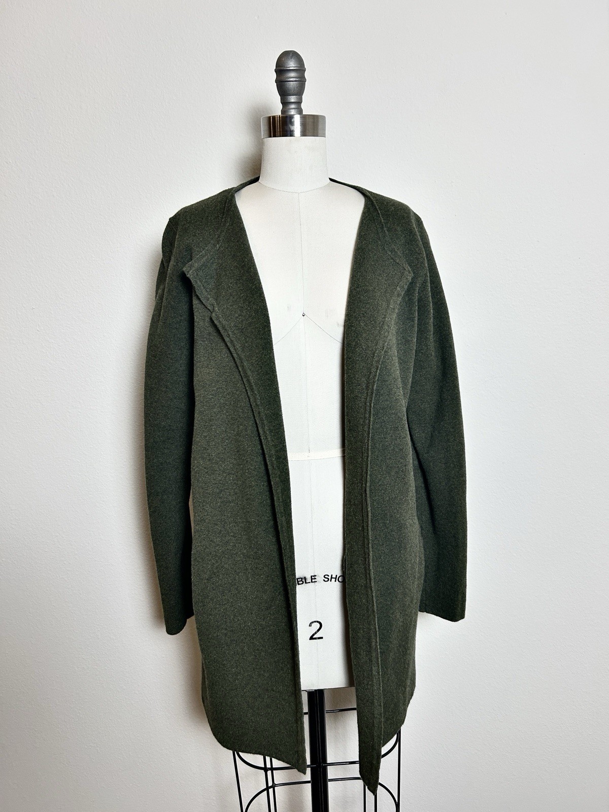 Olive Green Minimaist Cotton Open Front Mid-Length Sweater Coat Women’s Size S