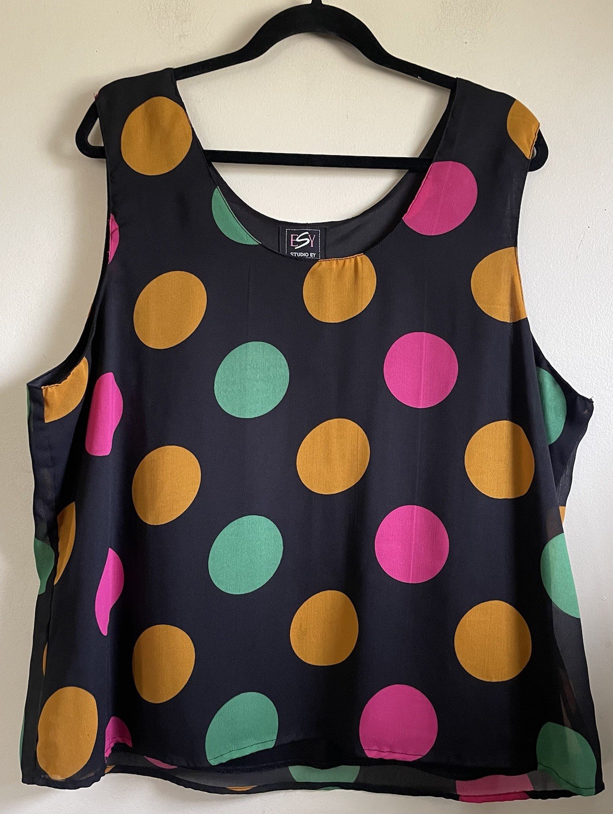 VTG 90 Black Colorful Polka Dot Sleeveless Tank Top Womens 2X Retro Casual Chic