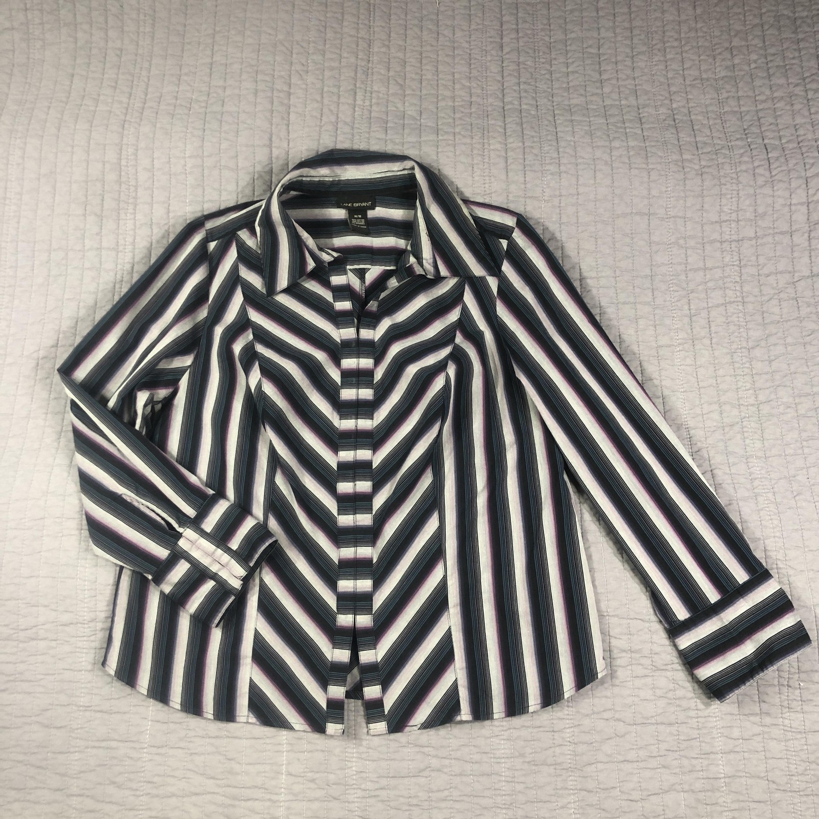 Lane Bryant Shirt Women 14/16 Purple Blue Black Stripe Stretch Career Office