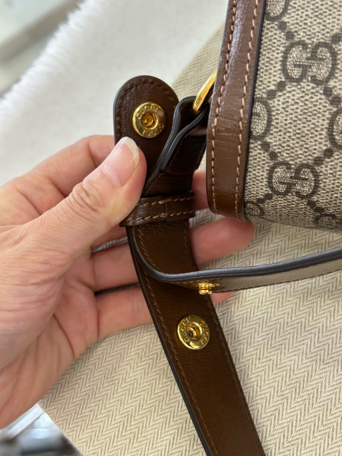 Authentic Gucci Horsebit 1955 GG Supreme Canvas and Leather Shoulder Bag Brown