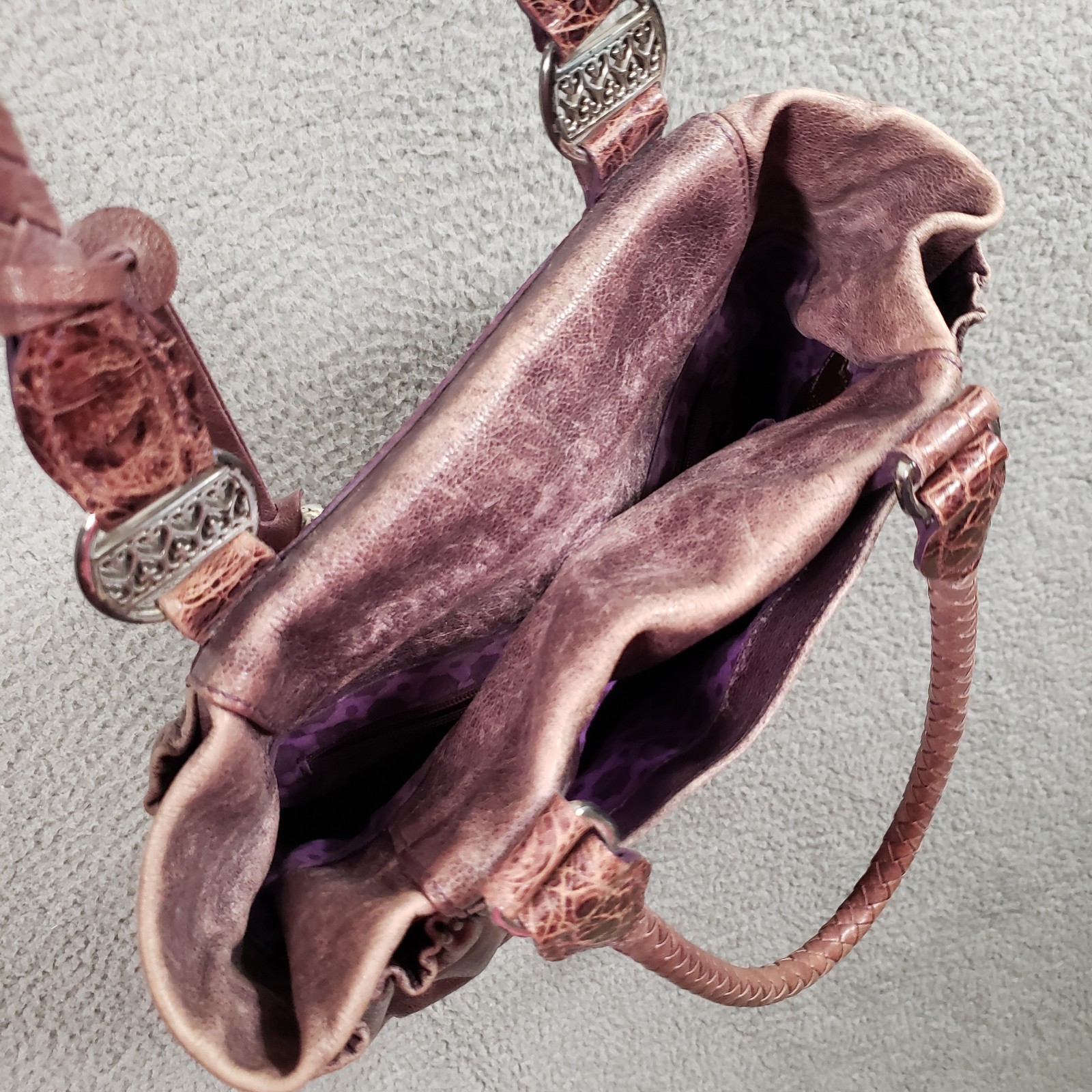Brighton Purple Distressed Leather Shoulder Bag Pleat Elastic Pockets Heart Rare
