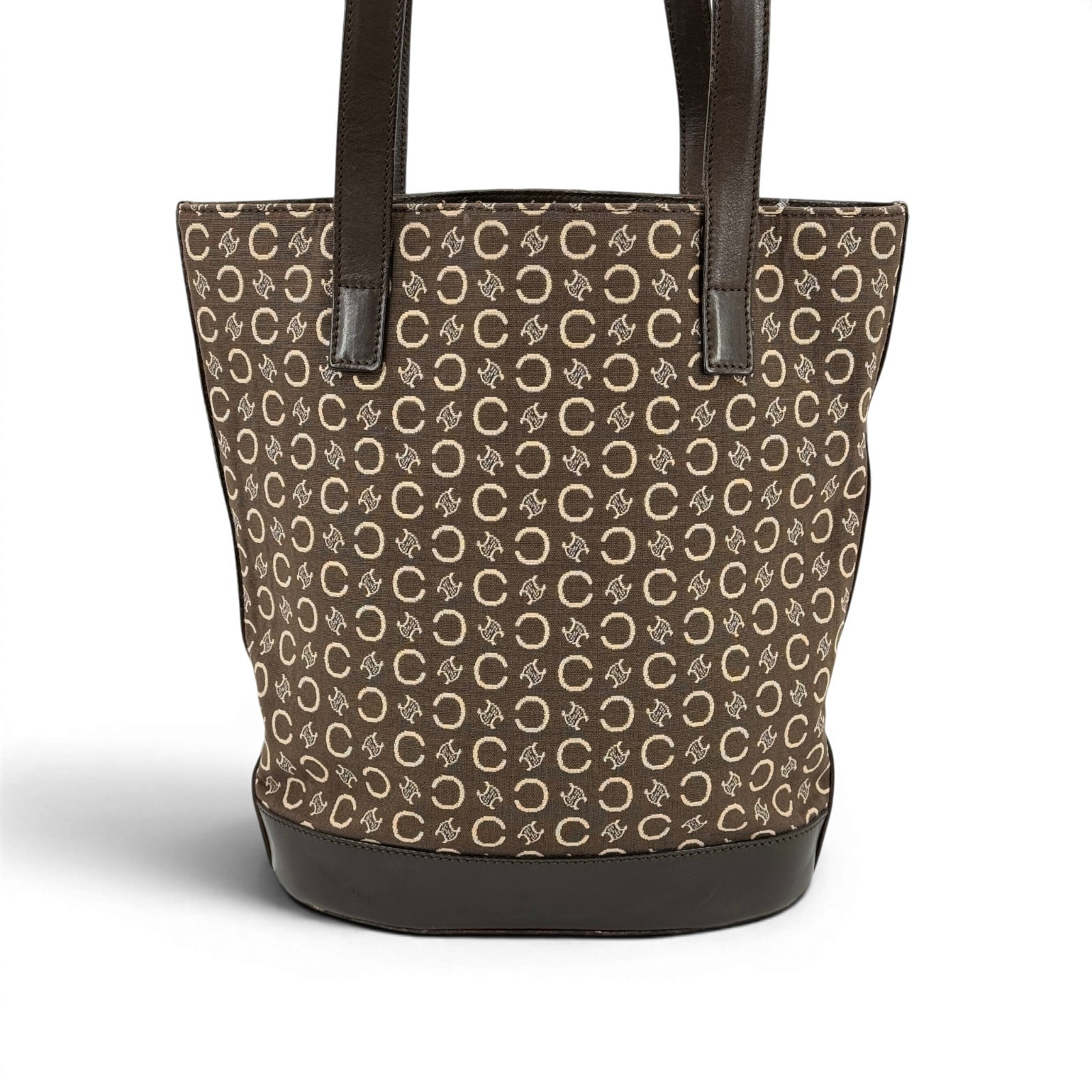 Auth Vintage CELINE C Macadam Pattern Tote Bag Canvas Leather Brown Purse