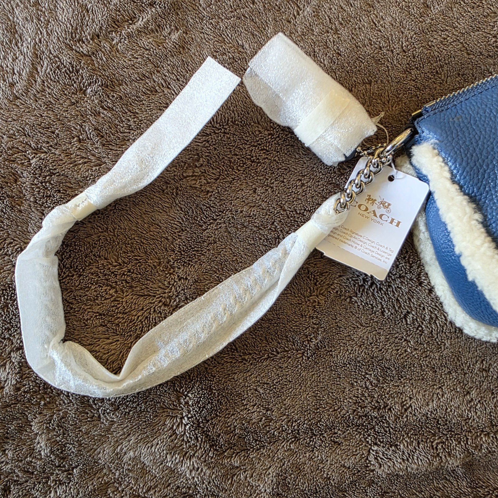 Coach Nolita 19 Shearling Blue Pebble Leather Wristlet Chain Bag NWT