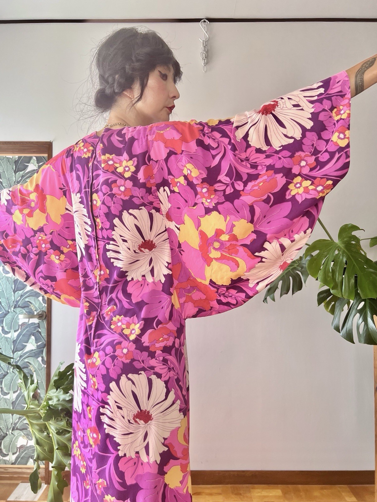 1970s Mr. B of California Psychedelic Floral Wing Sleeve Caftan Dress Maxi Gown