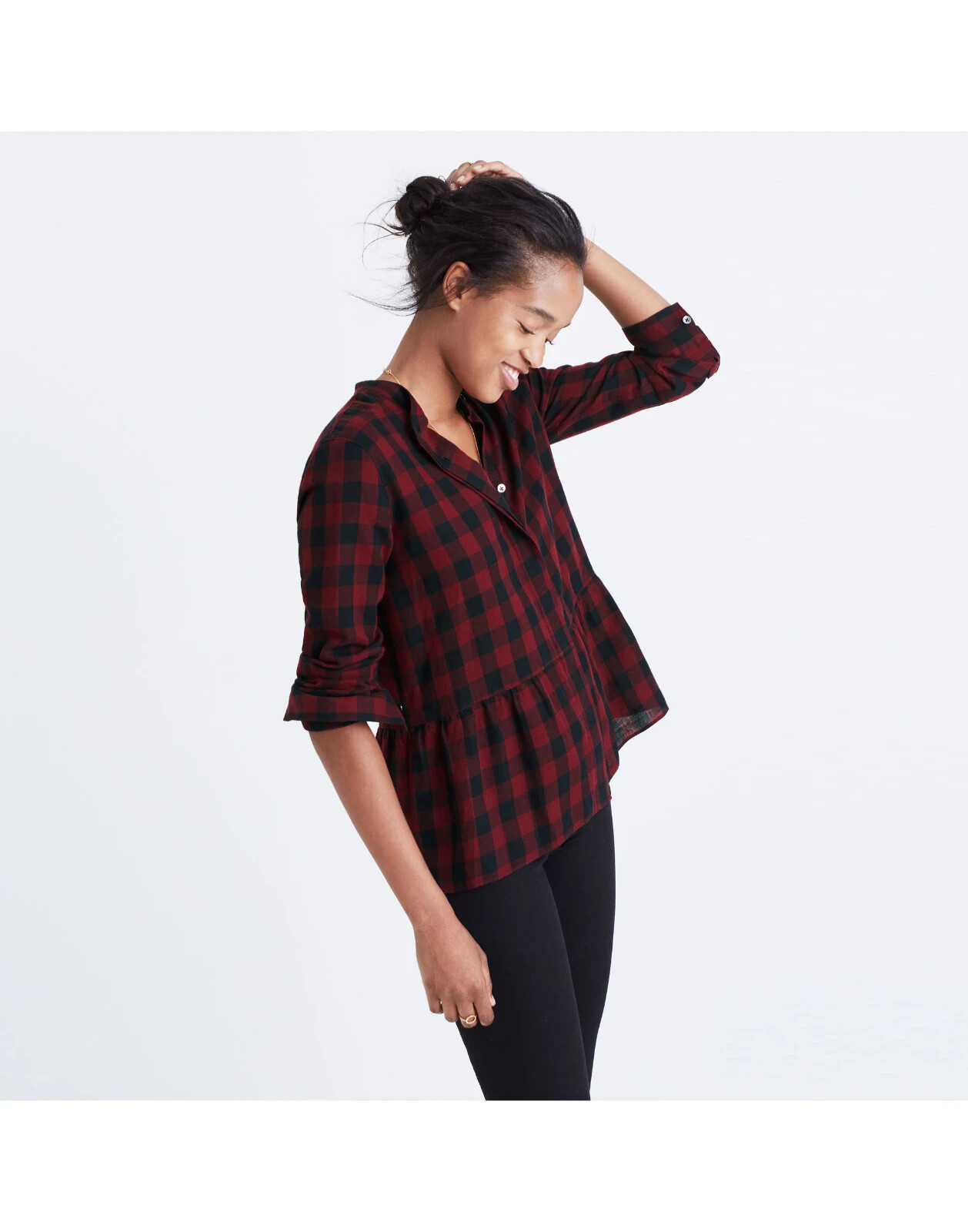 Madewell Lakeside Peplum blouse red/black buffalo check button-down top Large