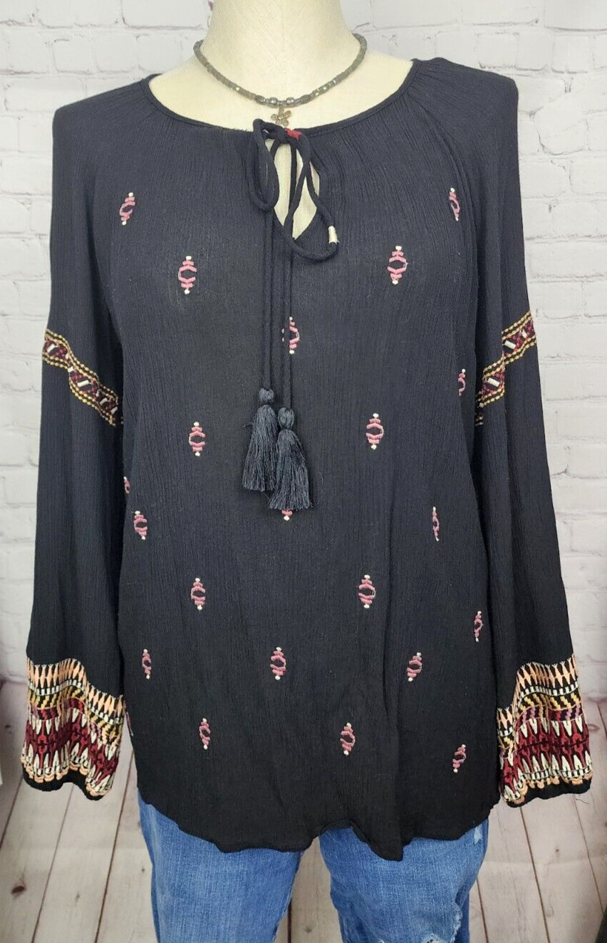 Sundance Blouse Tassels Embroidery Elastic Cuffs BOHO Western Peasant Tribal M